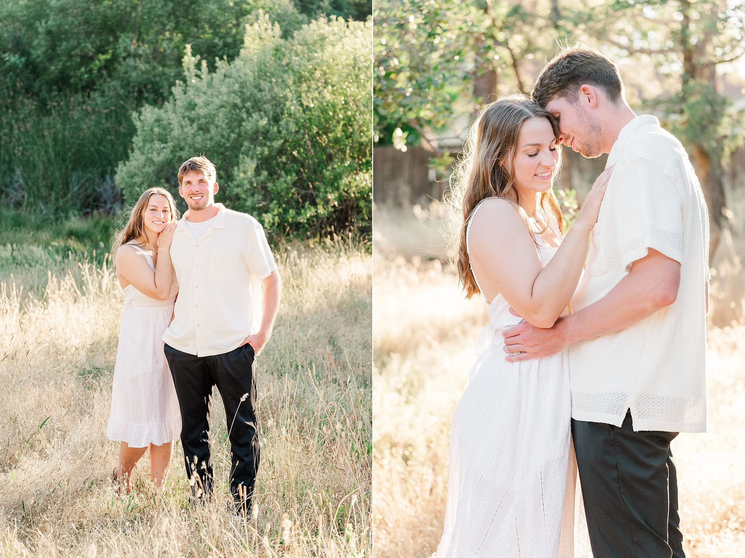 A couple stands in a sunlit field. On the left, they smile at the camera; on the right, they share an intimate embrace, conveying warmth and affection.