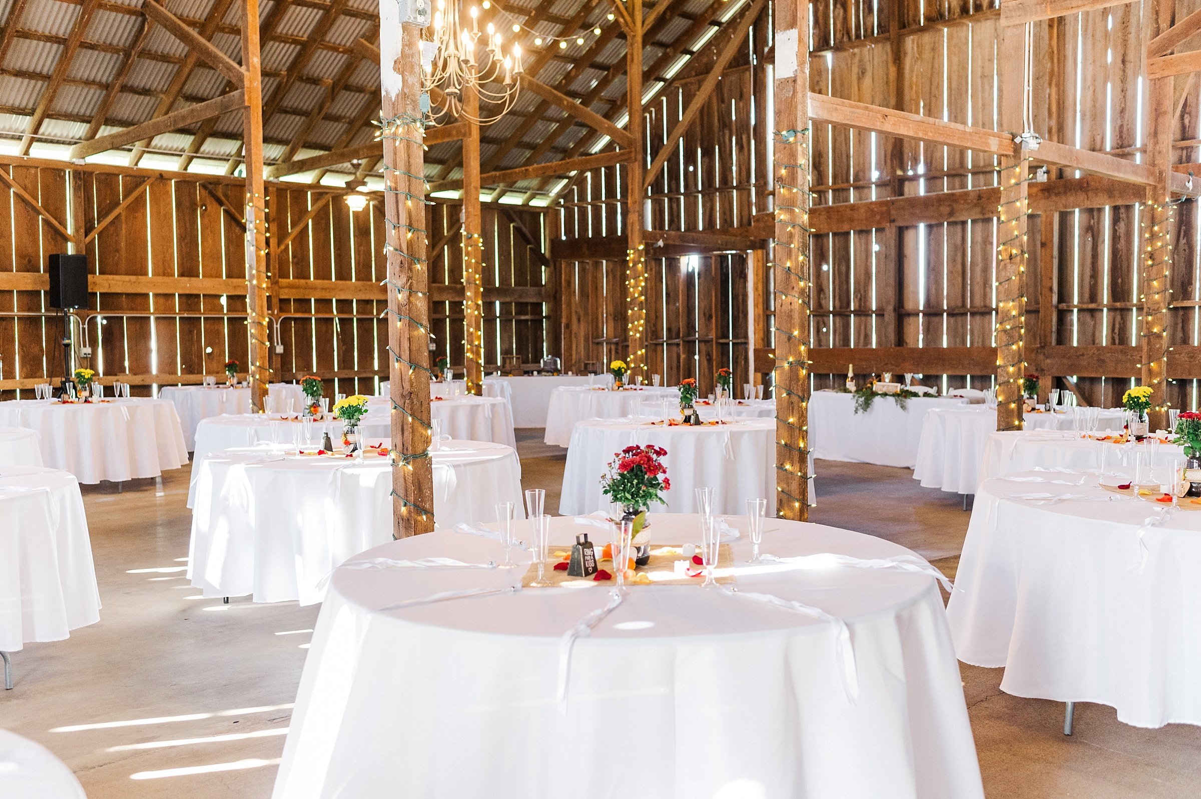 reception tables inside barn with lights wrapping the posts