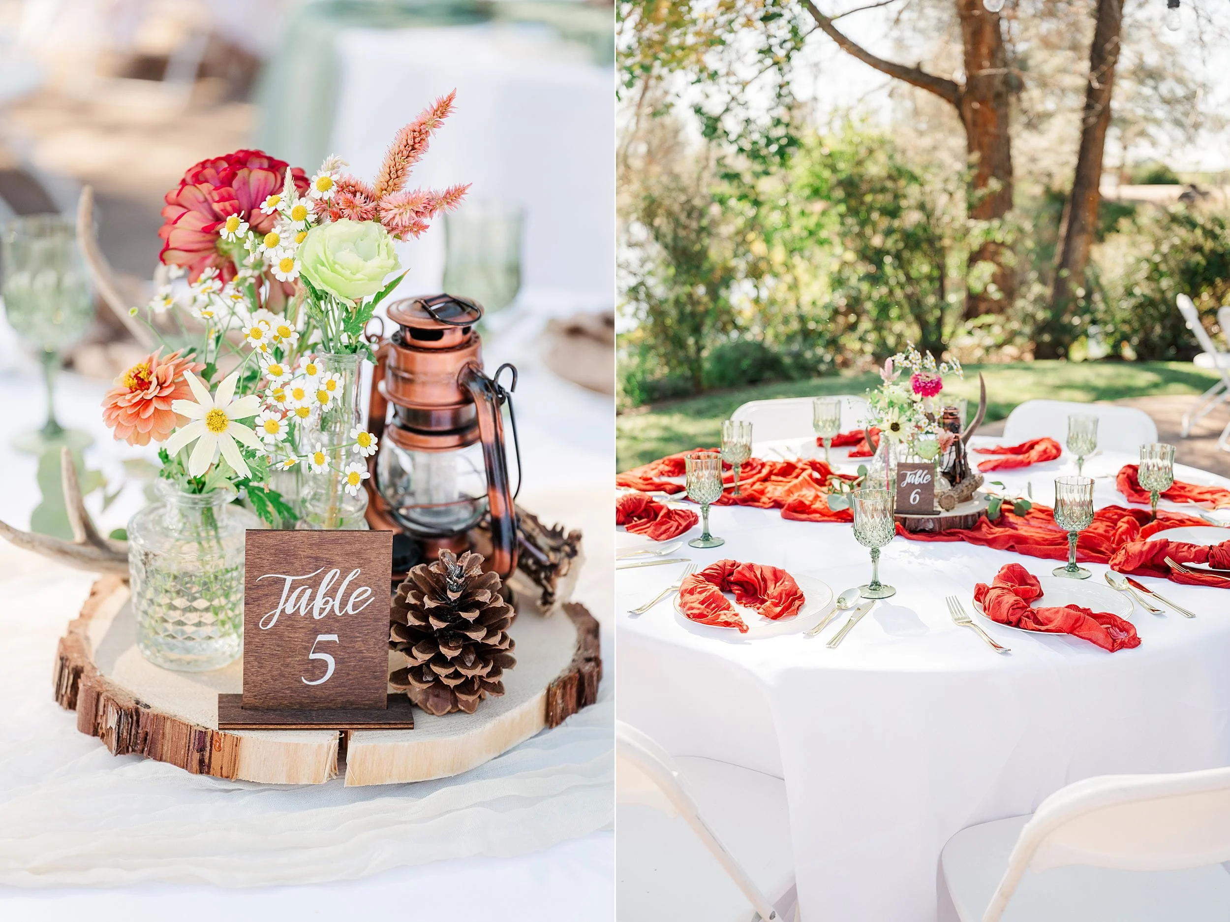 Rustic outdoor wedding details: wildflowers, copper lantern, and “Table 5” sign beside a white dining table with red napkins in a leafy garden.