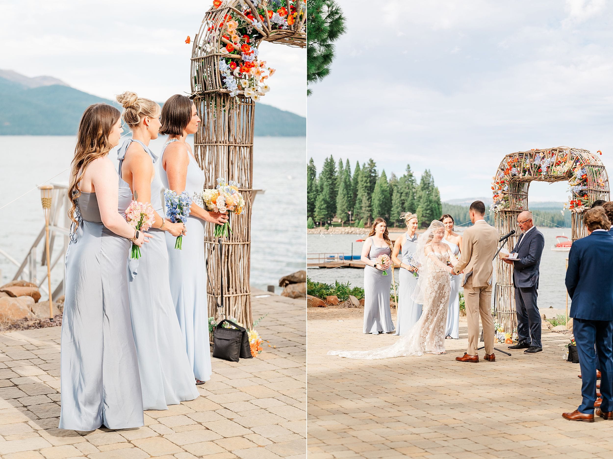 Split wedding scene by a lake: bridesmaids hold bouquets beside a floral arch, while the bride and groom exchange vows outdoors.