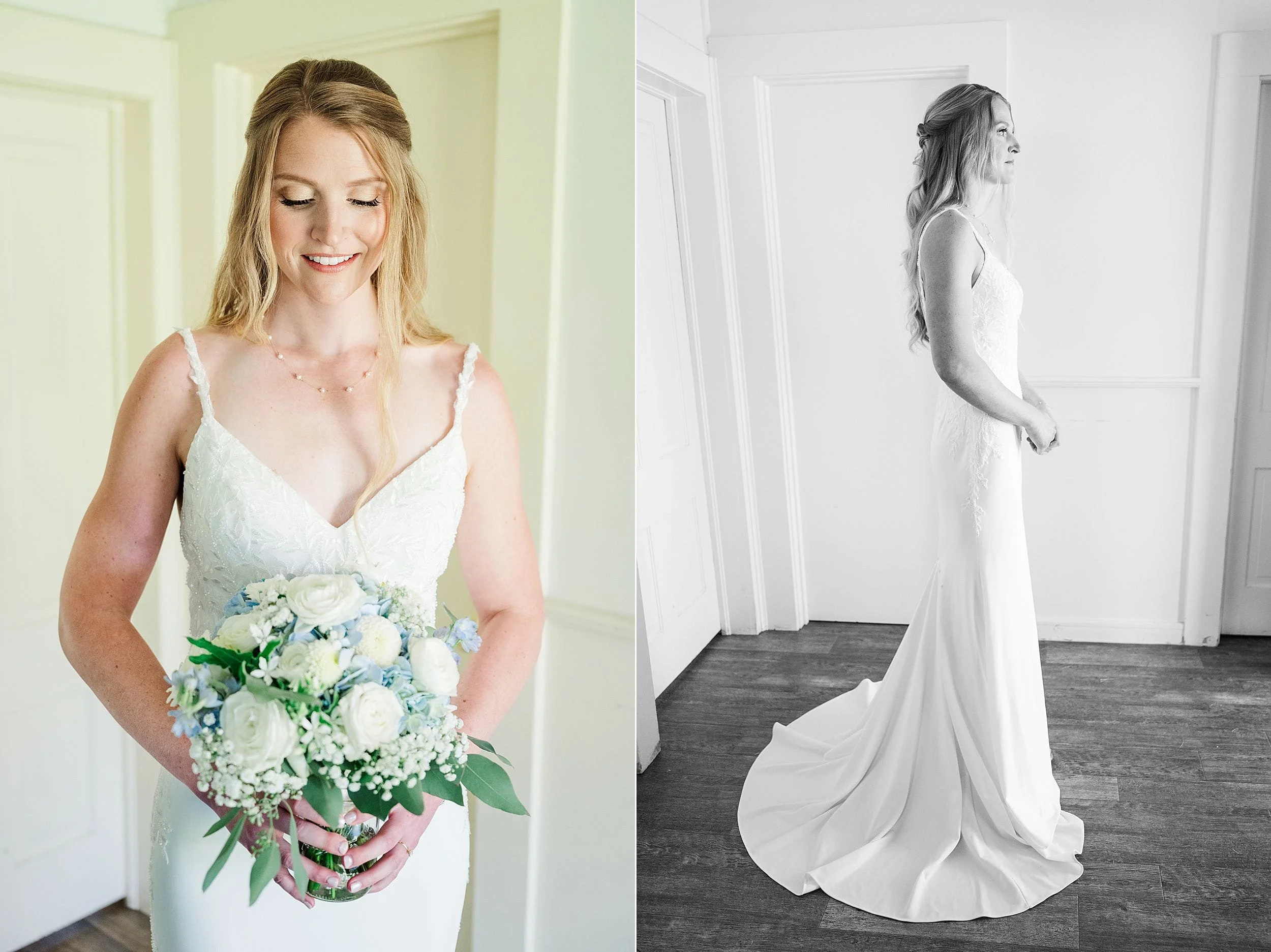 Bride smiling in her elegant wedding dress during getting-ready portraits.