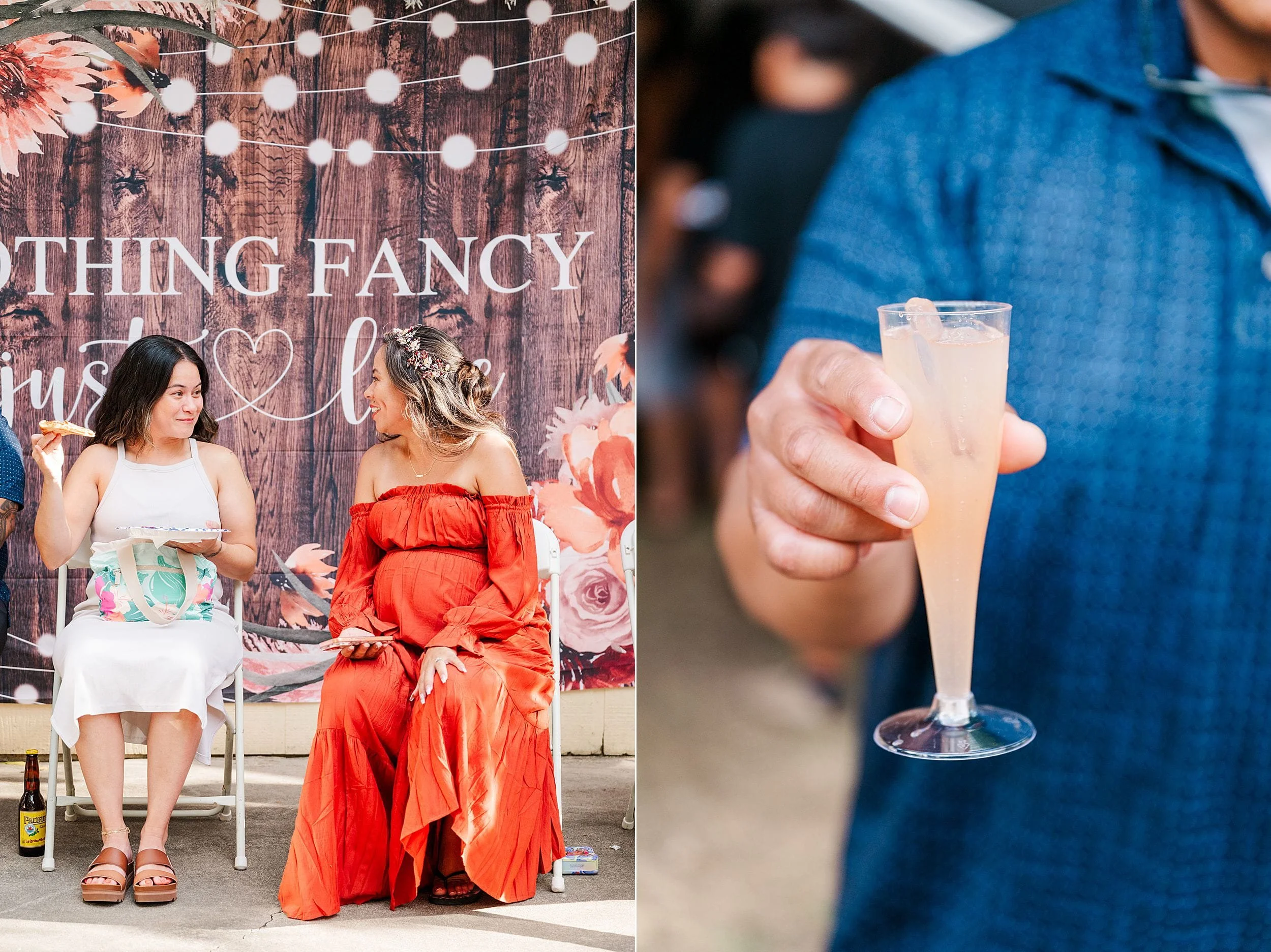 Split event photo: two women sit beneath floral decor while one holds a champagne glass; a guest in blue offers a pale drink.