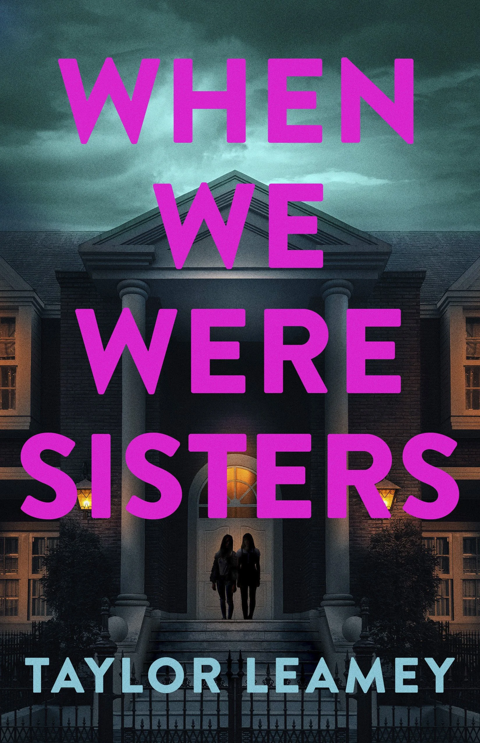 A sorority house with columns against a stormy blue background. Two girls stand on the porch.