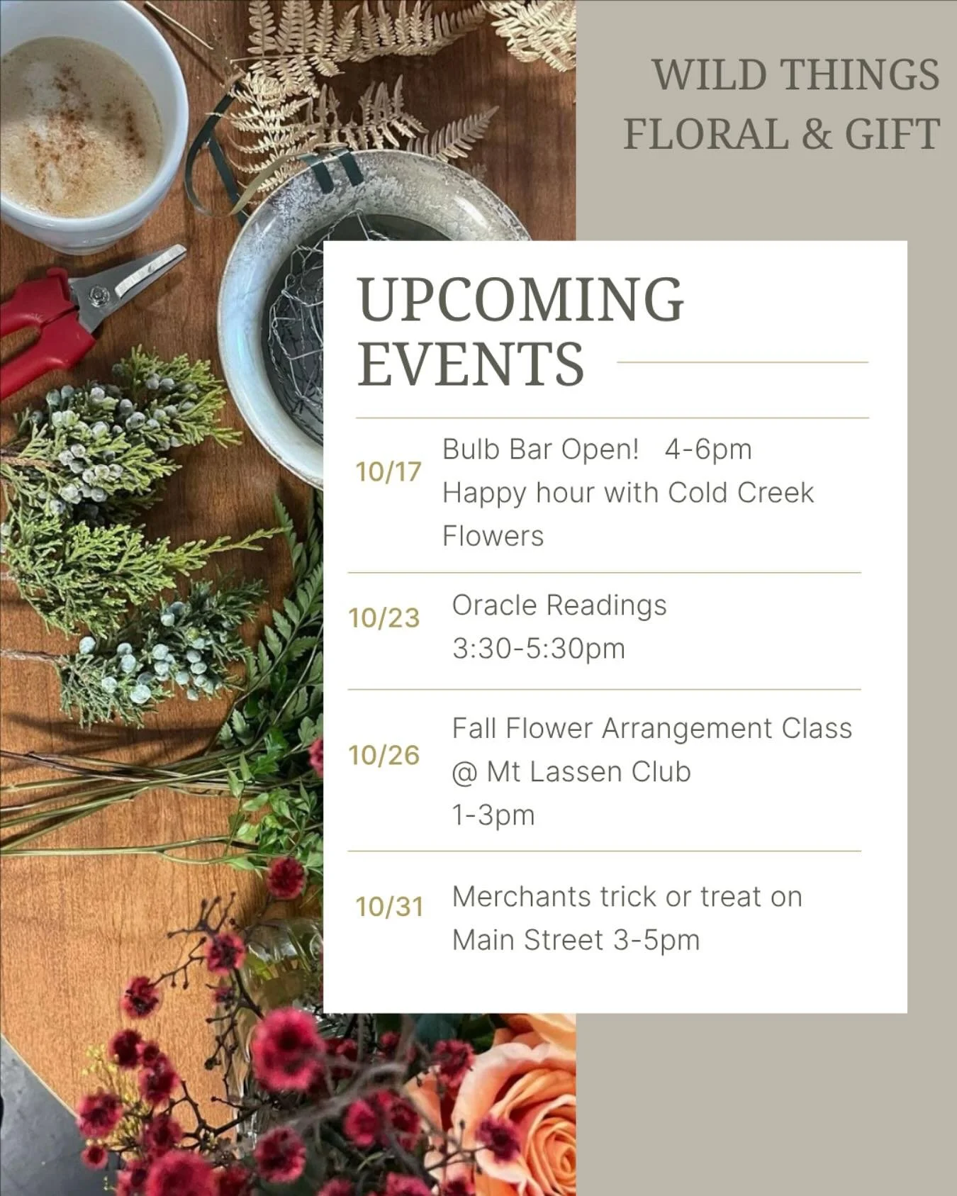 Here is the line up for the rest of the month! Hope to see you tomorrow for the opening of the Bulb Bar from 4-6pm! 
We are also bringing back Jenni for another Oracle reading!! Next Thursday 10/23 from 3:30-5:30pm
We still have ONE spot left for o