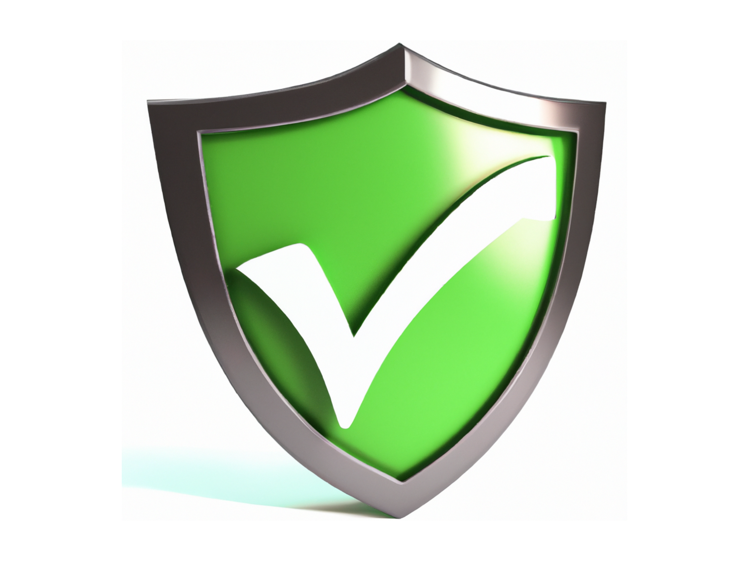 a green shield with a white checkmark in the middle and a silver outline in front of a white background