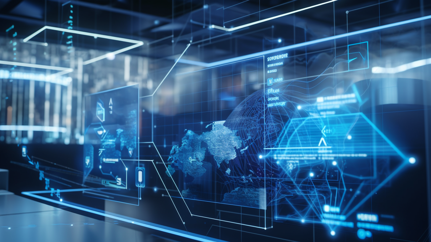 a blue screen with images and digital graphics all over it