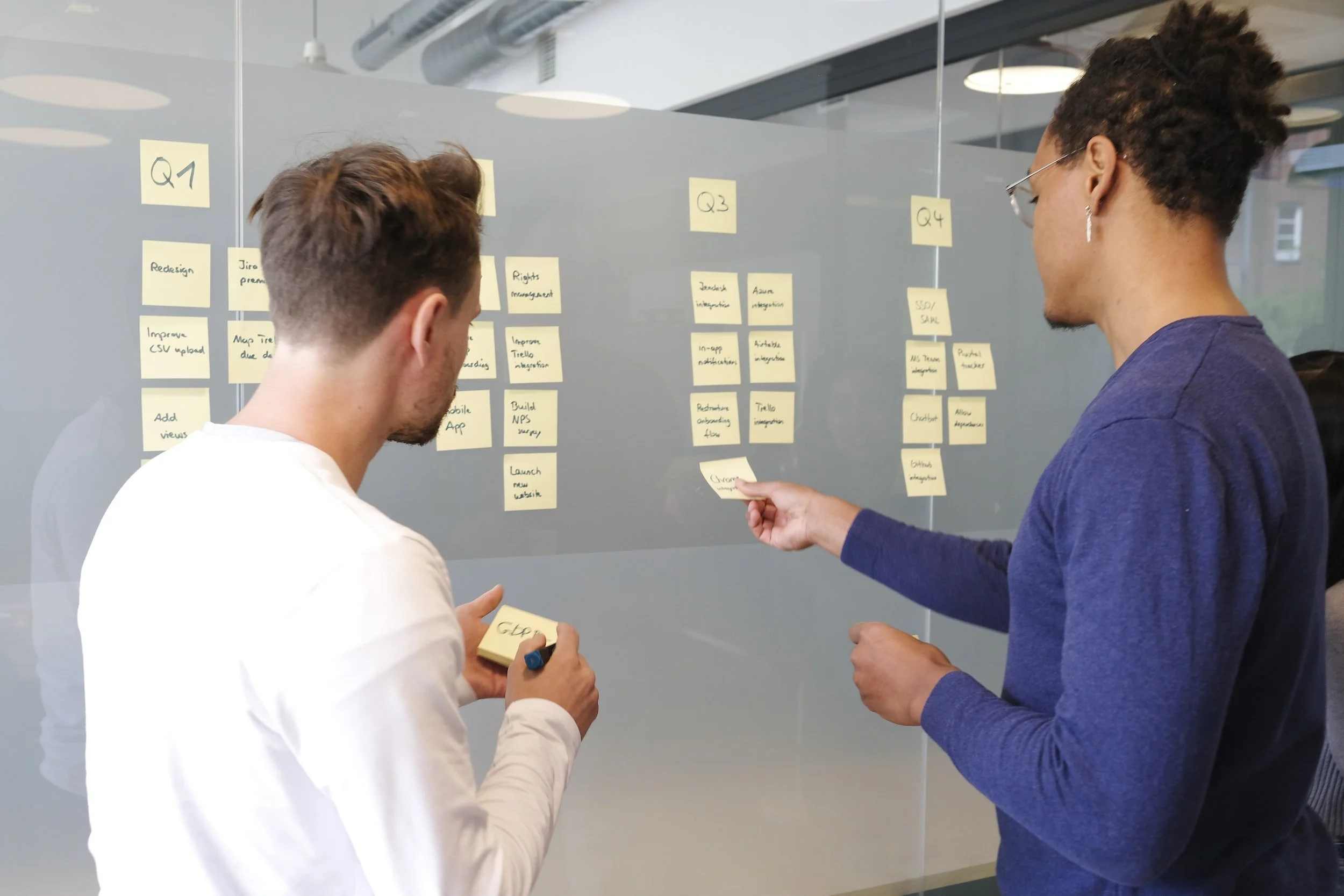 two people working together to make a plan using post it notes