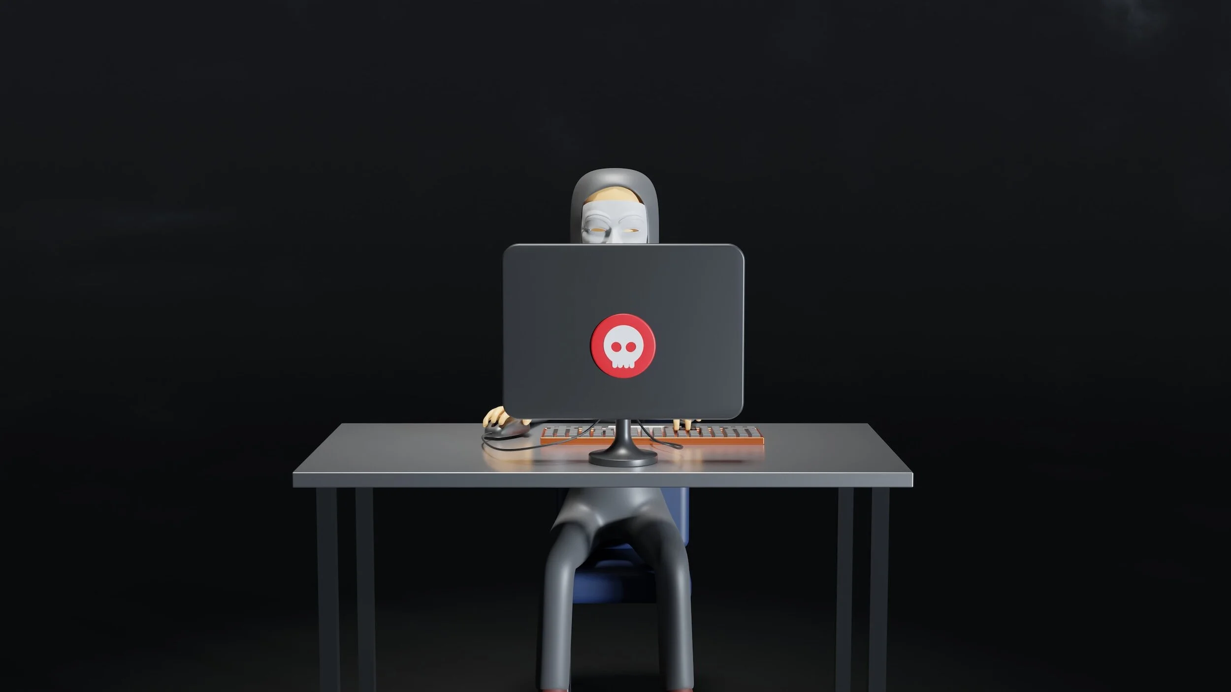 a figure wearing a mask in front of a computer with a skull sticker on the back