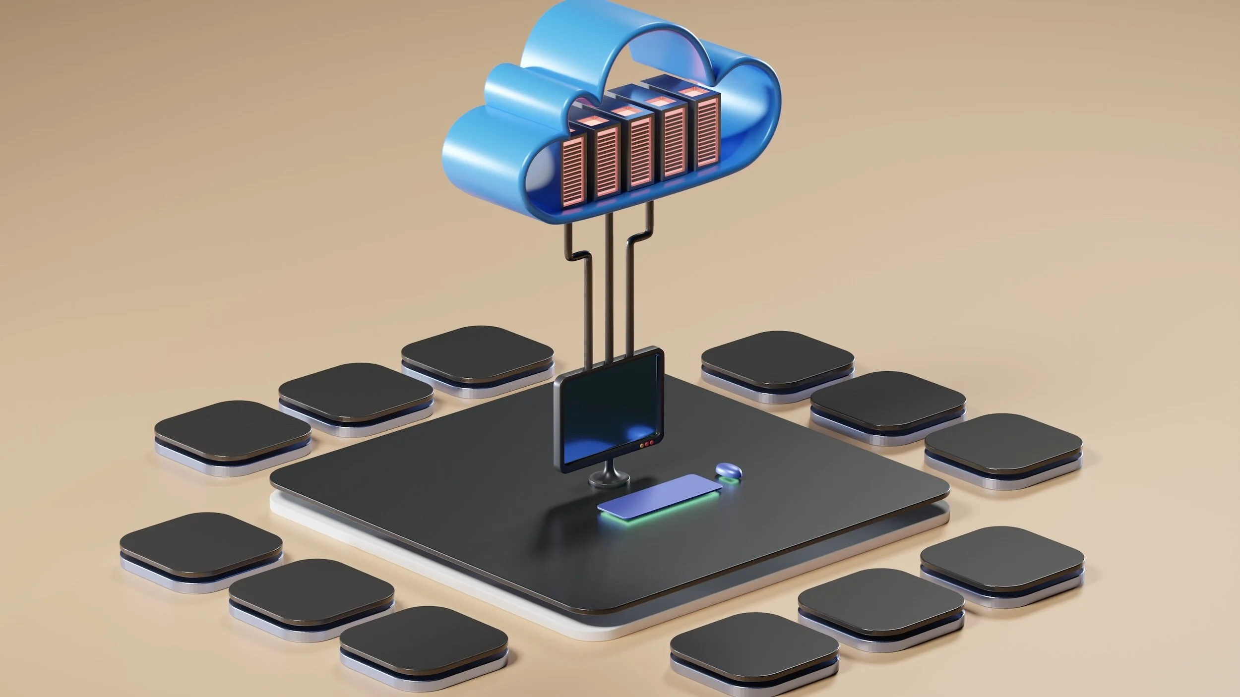 digital rendering of a cloud with data storage connected above a small computer
