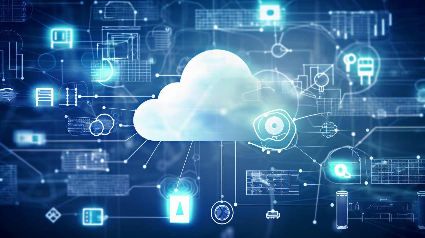 a digital cloud next to icons over a blue background