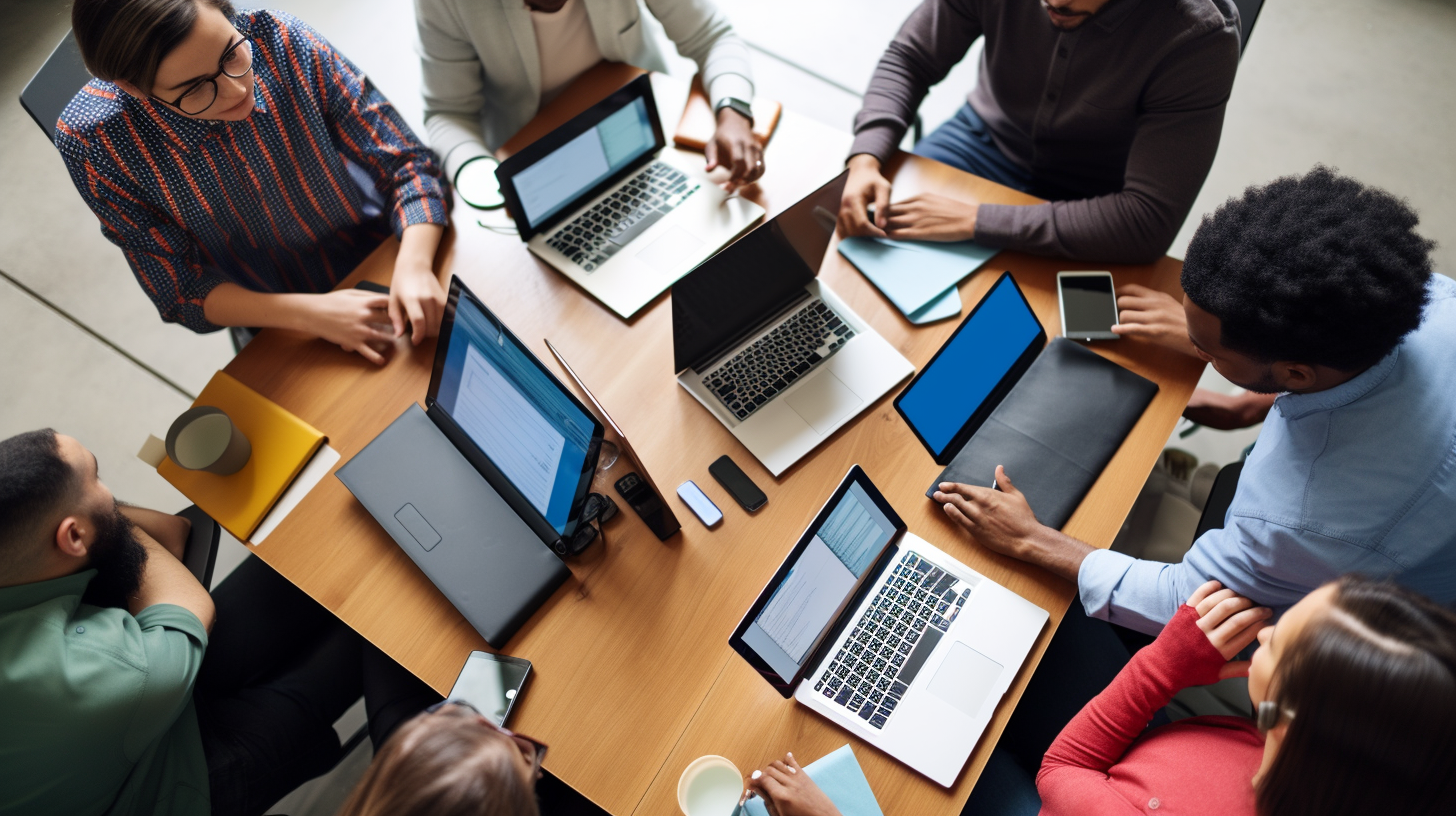 a team sitting together at a table with their devices