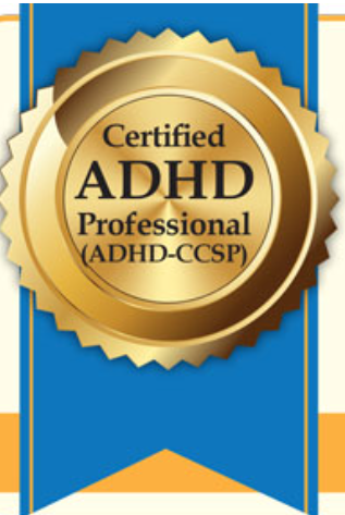 Gold badge with black and white text reading 'Certified ADHD Professional (ADHD-CCSP)' on a blue and gold background.