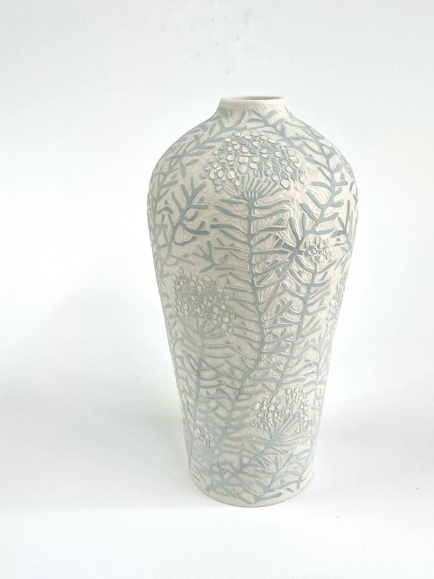 Cassinia (unfired) inspired by plants in the Gardens of Stone, near Lithgow, NSW, on Wiradjuri Country. 

This extraordinary landscape of stone pagodas and gorges is partially covered by a patchwork of hard-fought protections &mdash; a small National