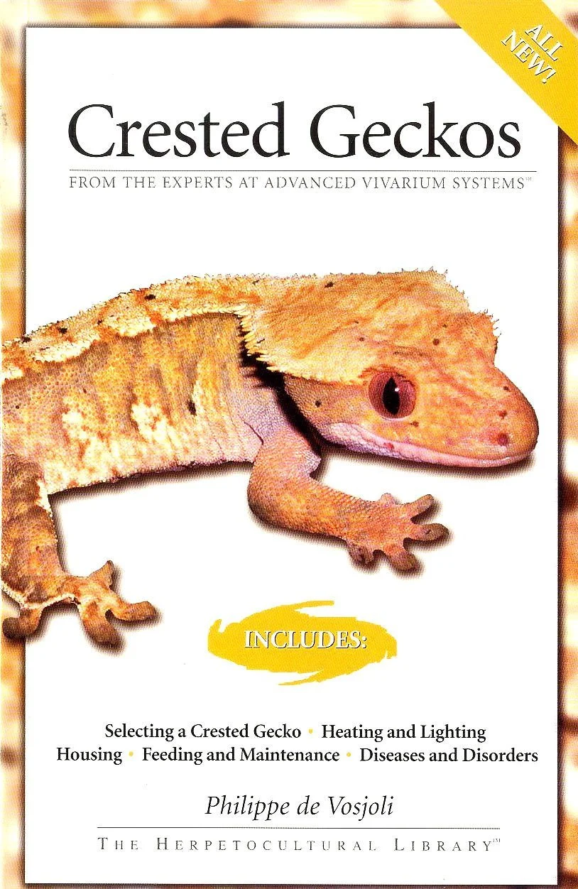 Book cover titled "Crested Geckos" featuring a close-up image of a crested gecko with an orange and pink coloration.
