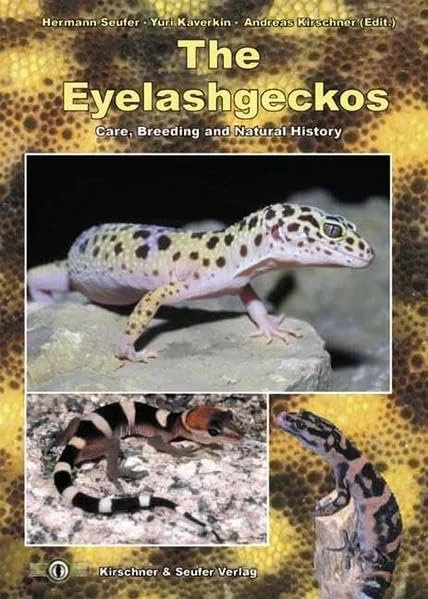 Book cover titled "The Eyelash Geckos: Care, Breeding, and Natural History" featuring images of eyelash geckos, a close-up of a gecko with yellow and black markings, a black and white striped gecko, and a gecko with yellow and black patterning on a brown background.