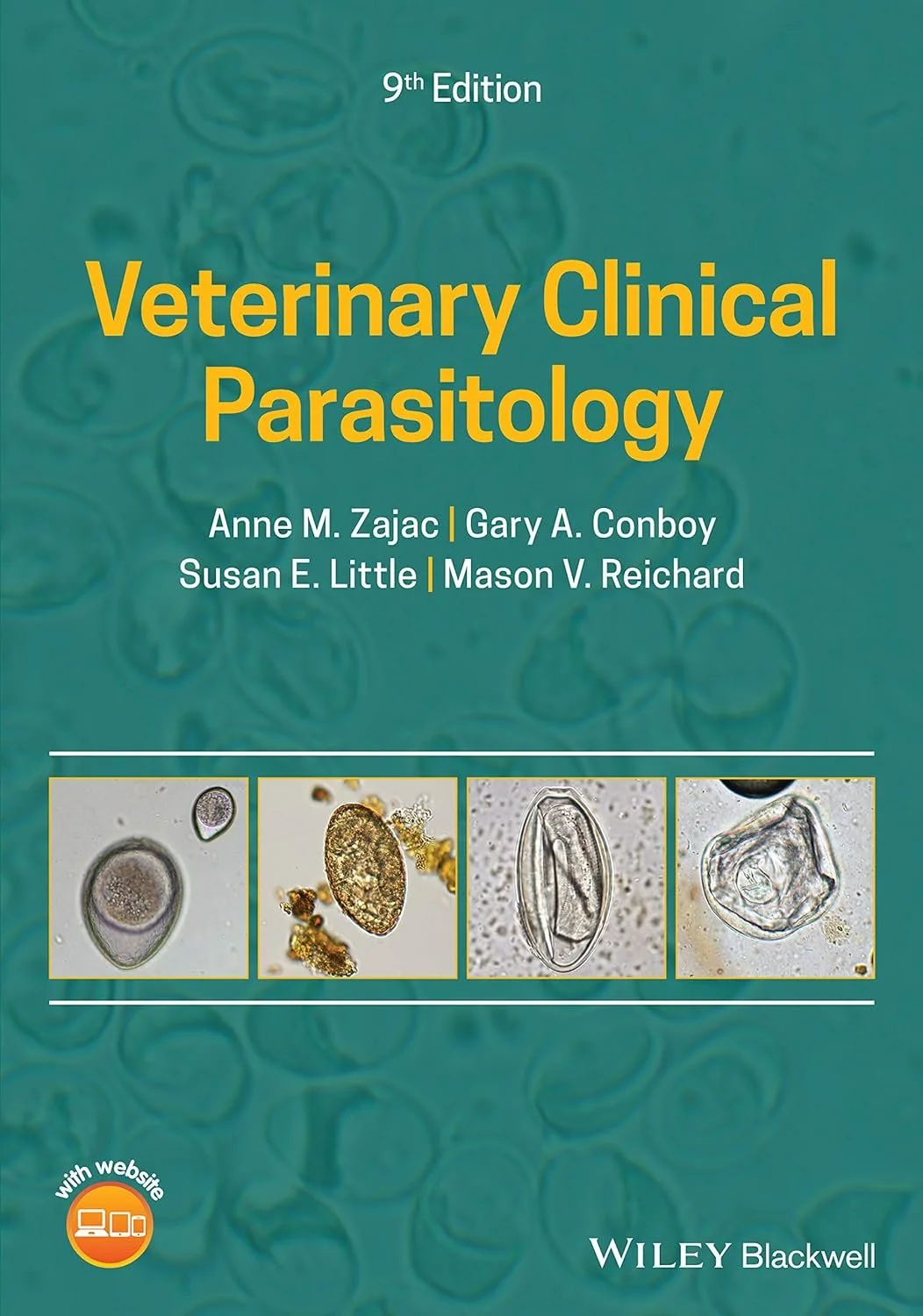 Cover of the book titled "Veterinary Clinical Parasitology" by Anne M. Zajac, Gary A. Conboy, Susan E. Little, and Mason V. Reichard, 9th edition. The cover features images of various microscopic parasites on a teal background.