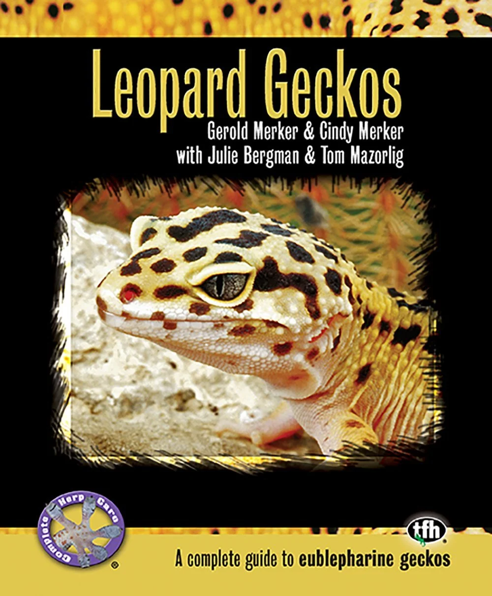 Book cover titled 'Leopard Geckos' featuring a close-up image of a leopard gecko with yellow and black spots on a sandy background.