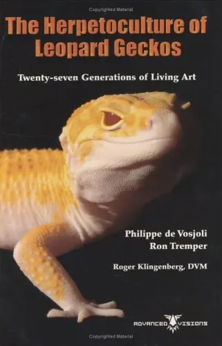 Book cover titled 'The Herpetoculture of Leopard Geckos' with a close-up of a leopard gecko's head and part of its body, on a black background.
