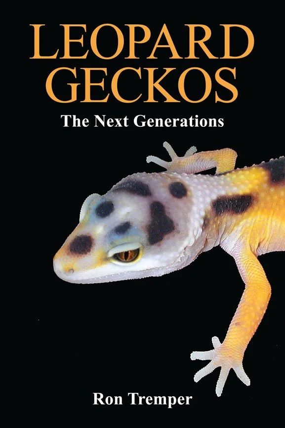 Book cover titled "Leopard Geckos: The Next Generations" by Ron Tremper, featuring a close-up of a leopard gecko with a black background.