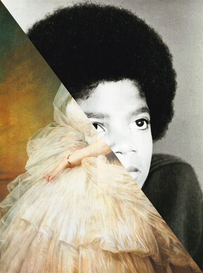 Ein Bild, das eine Collage aus einem schwarzen und weißen Porträt eines Kindes mit Afro-Haaren und einer Person in einem gelben Kleid zeigt.