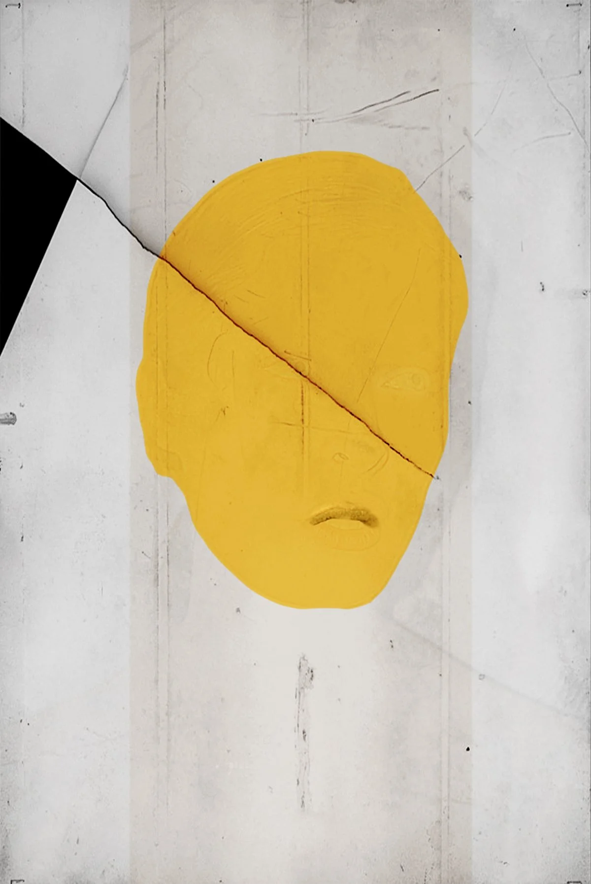 Abstrakte Kunst mit einer gelben Gesichtsform und schwarzen Linien, auf einem weißen Hintergrund.