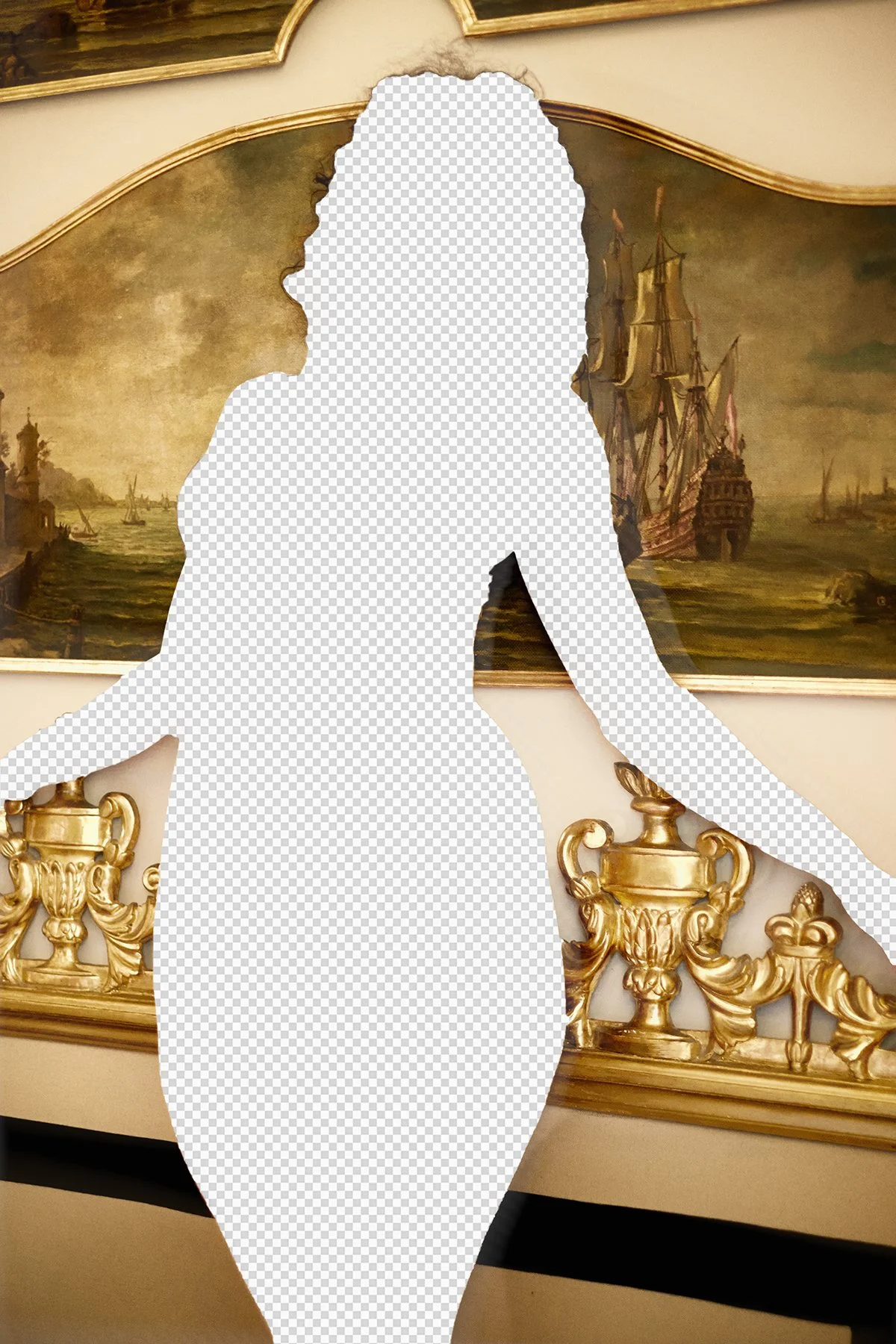 Ein Gemälde mit einem Meereshafen, Segelschiffen und einer Person im Vordergrund, der teilweise durch eine transparente Silhouette verdeckt ist.