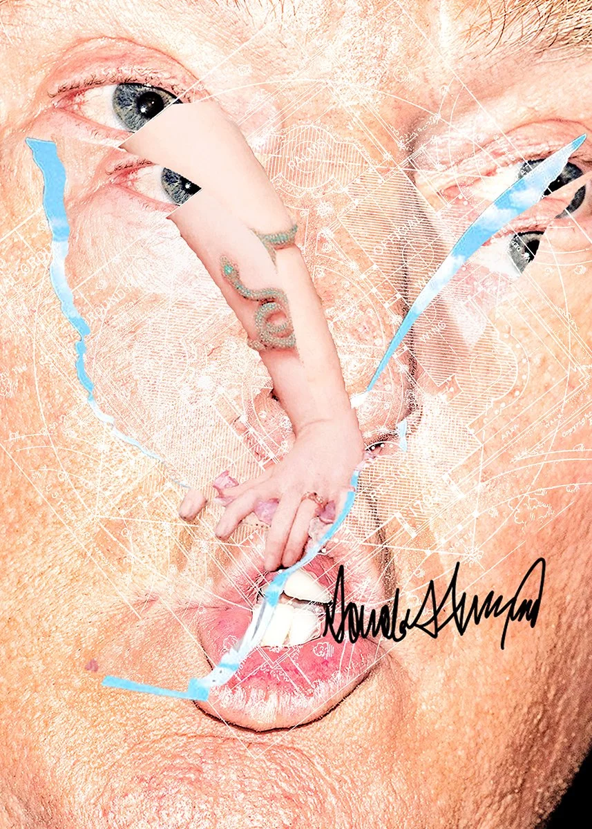 Kunstvolles Porträt eines Menschen mit sichtbaren Augen und Lippen, überlagert mit einer surrealen, digitalen Collage verbunden durch blaue Linien und weiße technische Linien, mit einem schwarzen Unterschriftszug.