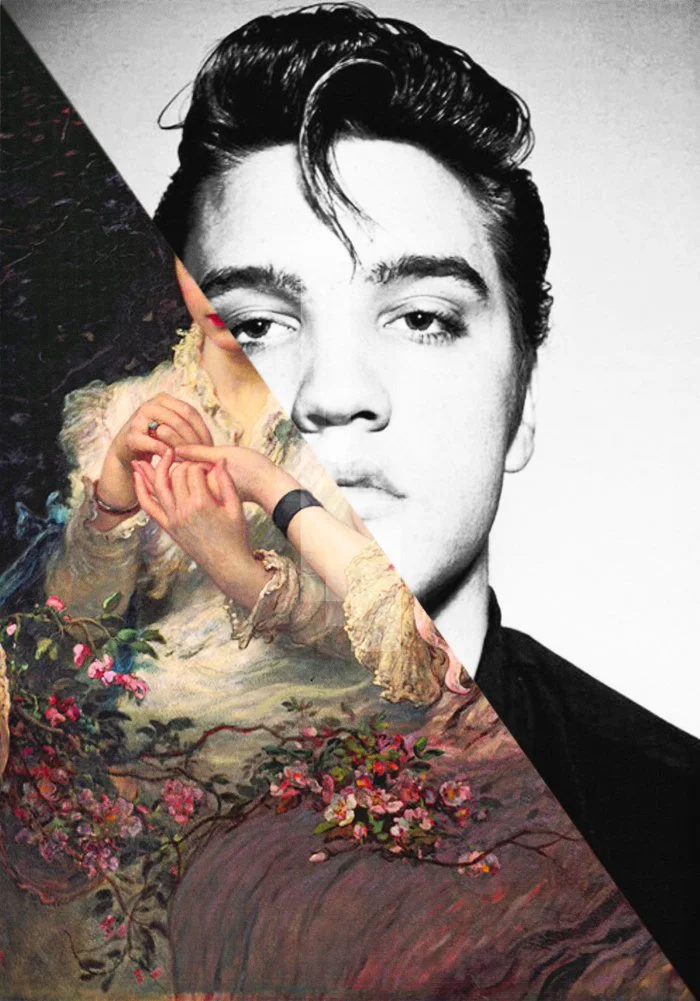 Ein Bild, das halb ein Schwarz-Weiß-Porträt eines jungen Mannes und halb eine bunte, detailreiche Malerei mit Händen, Blumen und Landschaft zeigt, kombiniert in einem Collage-Stil.