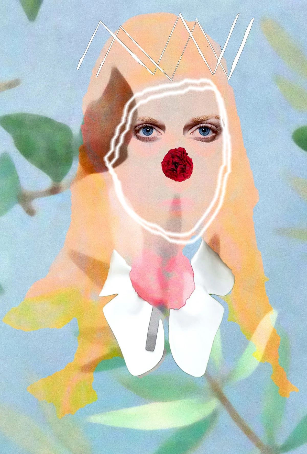 Kunstbild eines Mädchens mit blauen Augen und langen Haaren, das mit verschiedenen kreativen Elementen bearbeitet wurde, einschließlich einer weißen Umrandung ihres Gesichts, eines roten Nasenstücks, einer handgezeichneten Krone und einer rosa Blume 