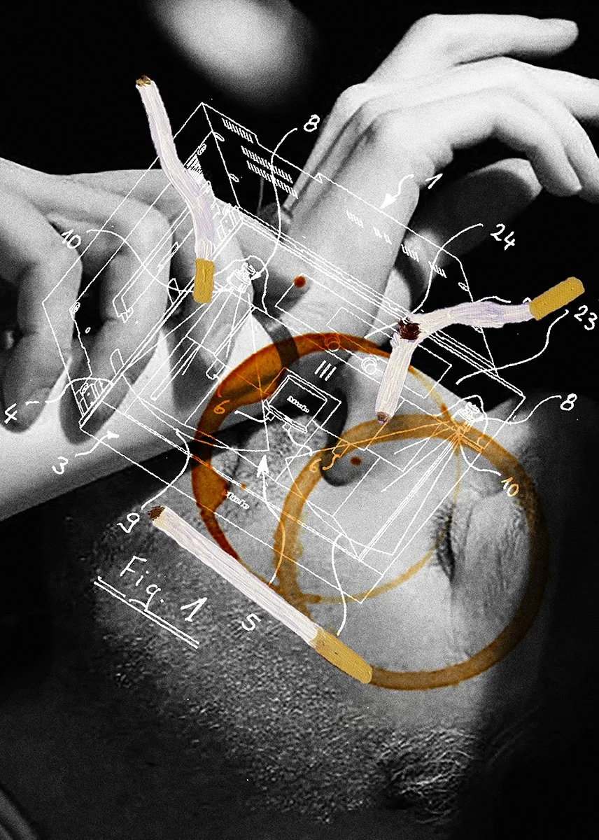 Schwarz-Weiß-Foto eines Bauplans mit digital überlagerten Markierungen und Linien, die eine Hand mit einer Zigarette halten, die im Fokus steht.