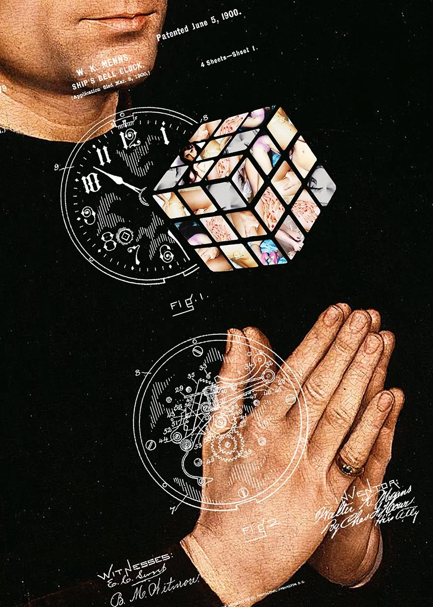 Das Bild zeigt eine Person mit verschränkten Händen, darüber schematische technische Zeichnungen von Uhren. Es gibt auch eine quadratische, 3D-ähnliche Struktur mit Fotos darin, sowie Texthinweise auf die Patentdatum und Beteiligte.