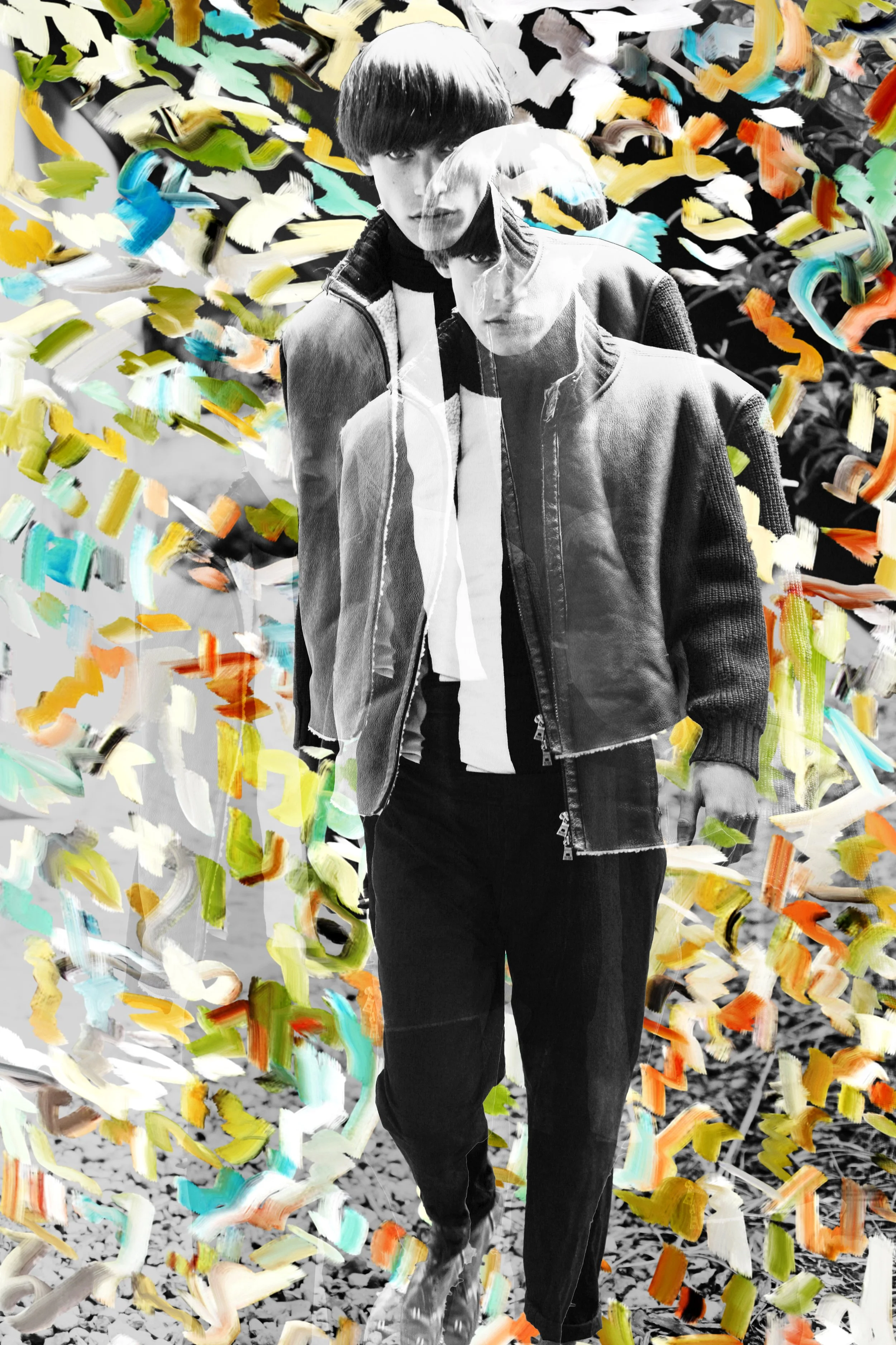 Schwarz-weiß aufgenommenes Foto von zwei jungen Männern, die nebeneinander stehen, mit kurzem, dunklem Haar und lässiger Kleidung. Der Hintergrund ist mit bunten, abstrahierten Pinselstrichen überlagert.