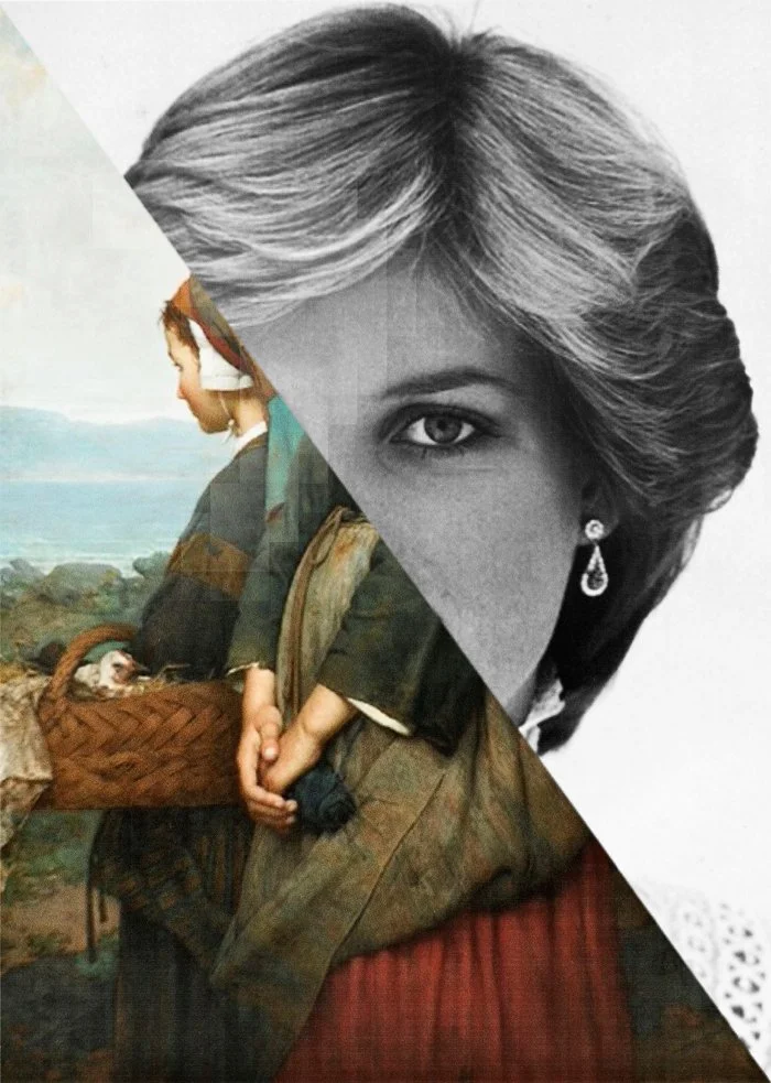 Ein Bild, das aus einer Collage besteht, mit einer Hälfte eines farbigen, realistischen Mädchen im Hintergrund und einer schwarzen und weißen Porträtaufnahme einer Frau mit Schmuck im Vordergrund.