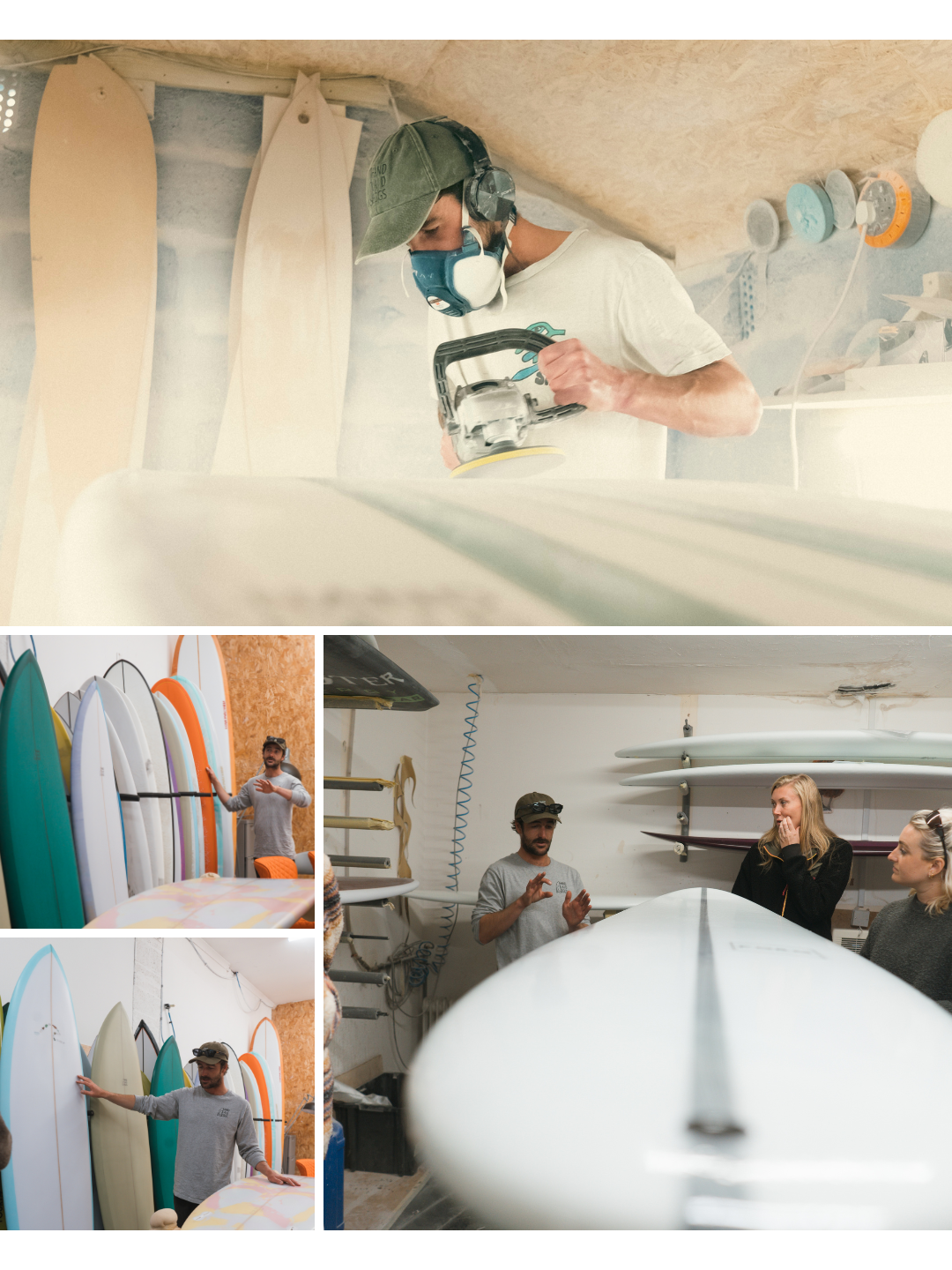 Surfboard shaper in Cornwall in his workshop with improver and intermediate surfers who are looking for mid length and minimal surfboards
