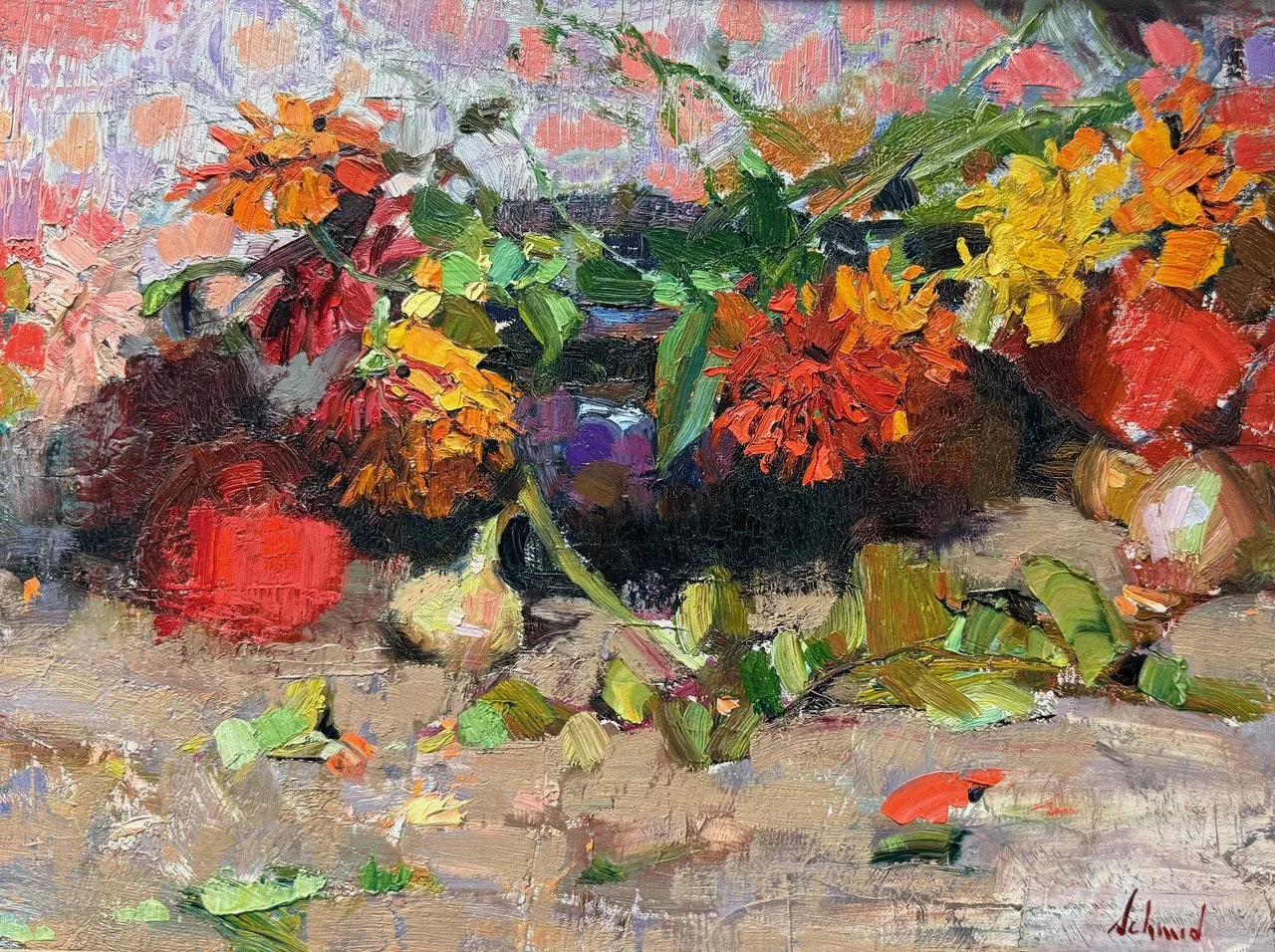  Zinnias, Tomatoes & Onions  
Oil 12 X 16 
Signed Schmid lower right.  
©Richard Schmid 1963 
This image is under strict copyright to the artist and may not be reproduced in any form.  
Painting available for sale at the Celebrating Richard Schmid Ex
