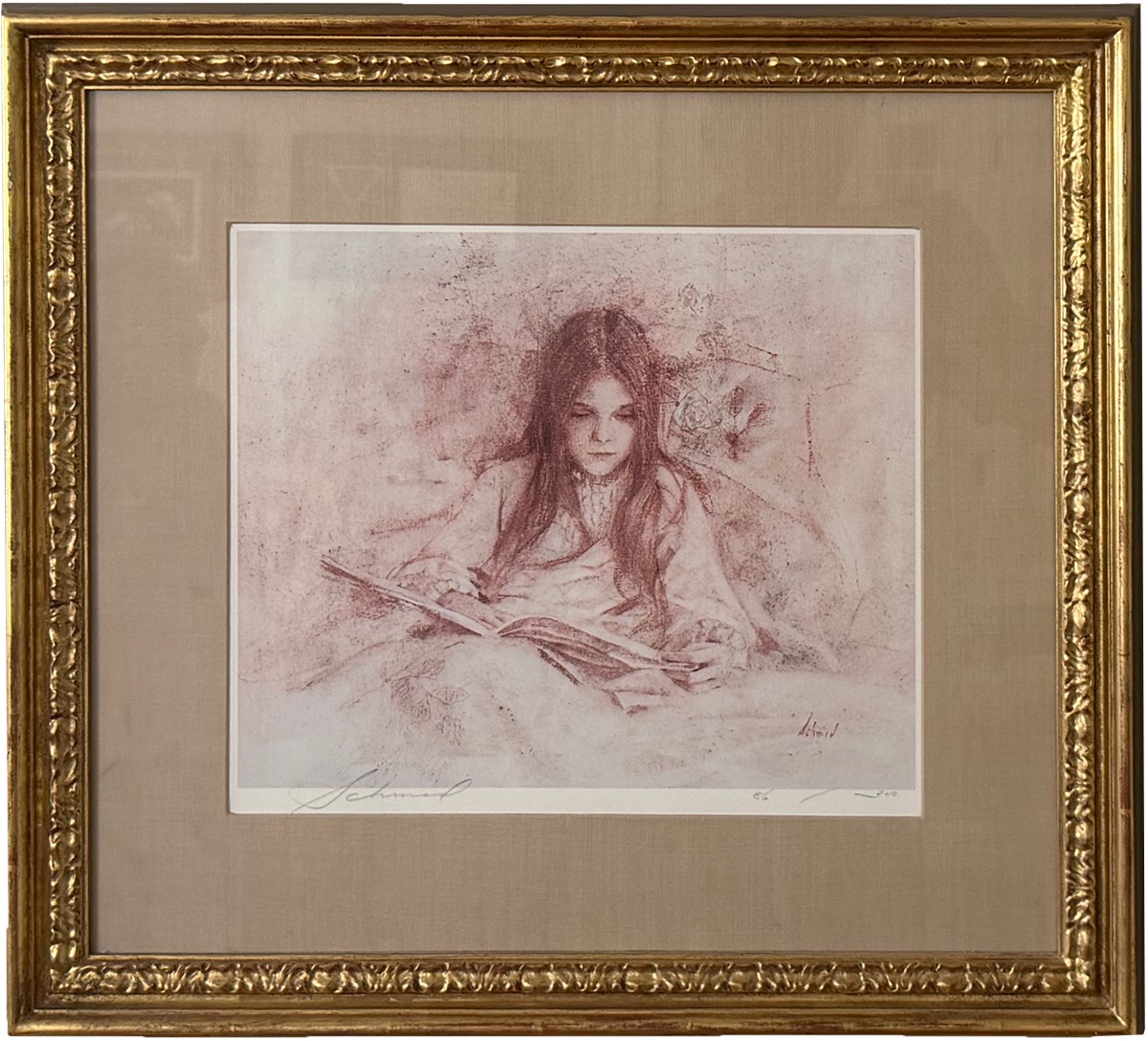  Gretchen Reading  One of a kind in 22k gold leaf frame 
limited edition lithograph, size 12 x 16 
Autographed -Schmid  # 86 of 300