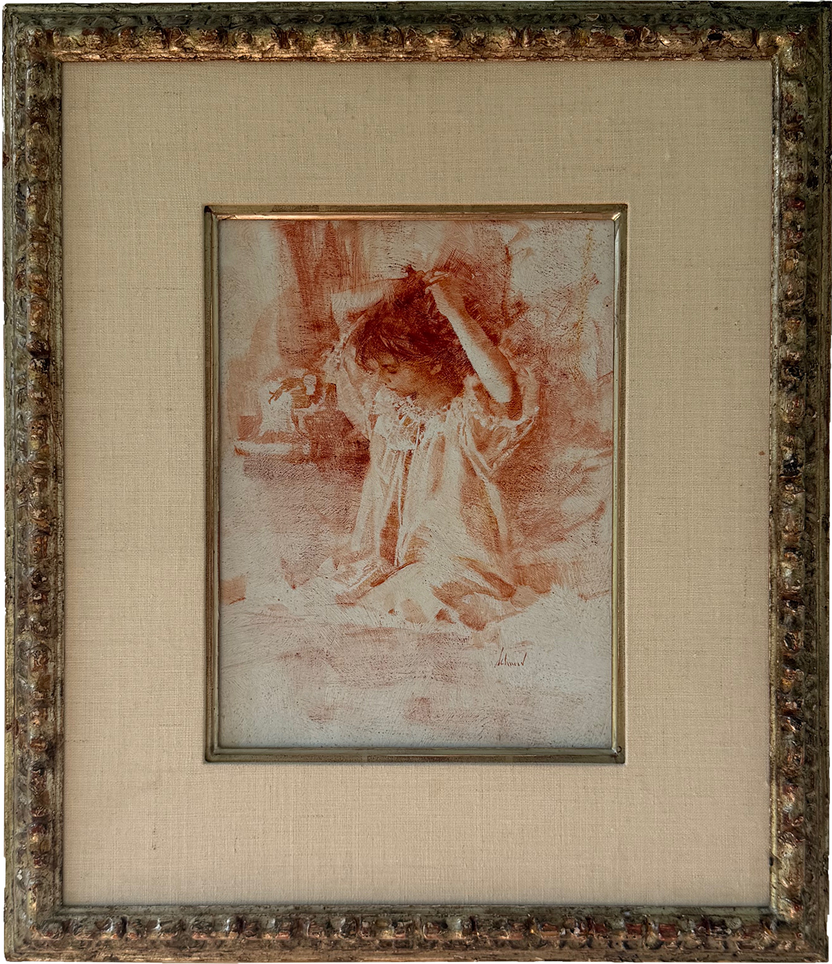  Study of Nan  
monochrome oil 12 X 9 
Signed Schmid on right.  
©Richard Schmid 1989 
Custom 22 karat gold leaf frame by Curt Allman 
This image is under strict copyright to the artist and may not be reproduced in any form.  
Painting available for 