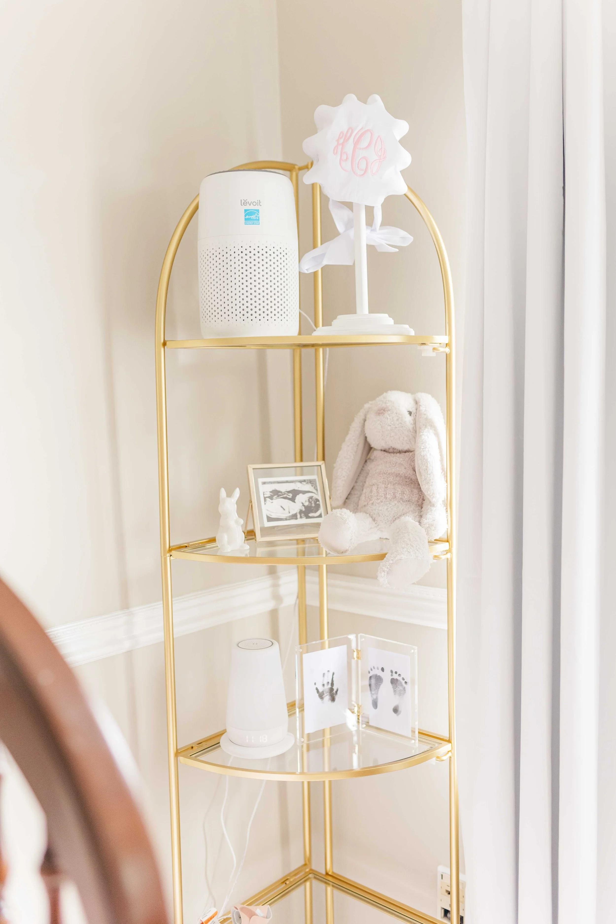 beautiful shelf Beautifully decorated pink and gold nursery, in-home lifestyle newborn session Greenville South Carolina