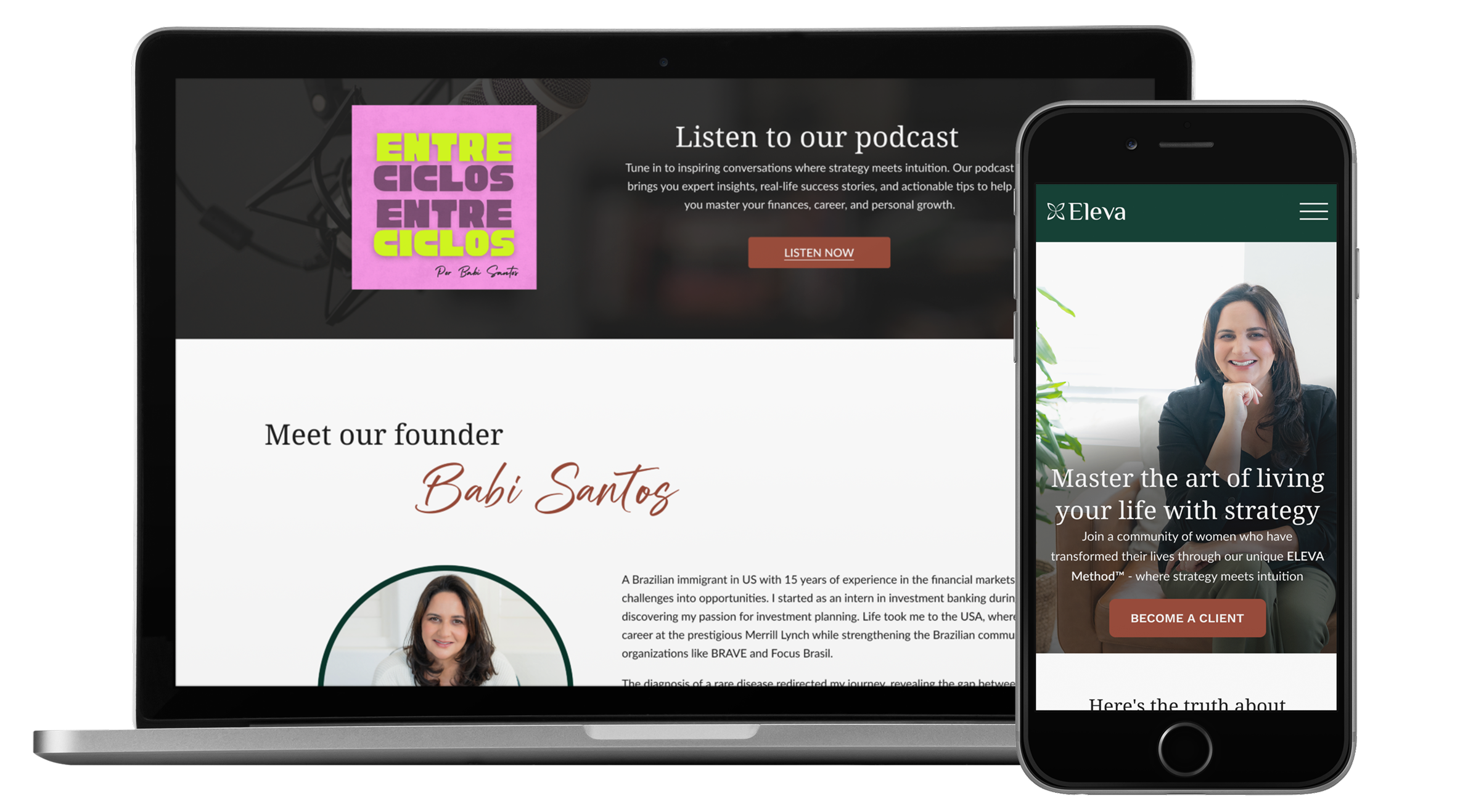 A laptop and smartphone displaying website content related to podcasts, financial advice, and personal growth, with images of women and text sections.