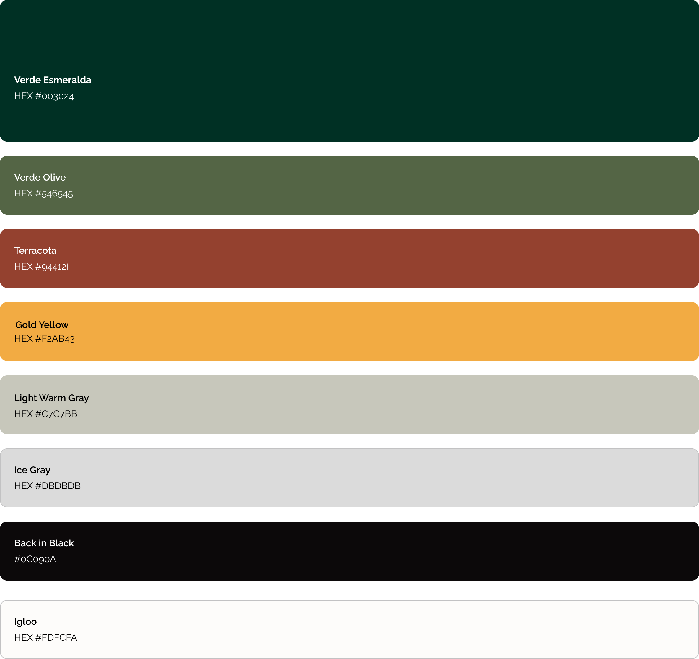 A palette of colors with labels and their HEX codes, including various shades of green, yellow, gray, black, and a neutral color.