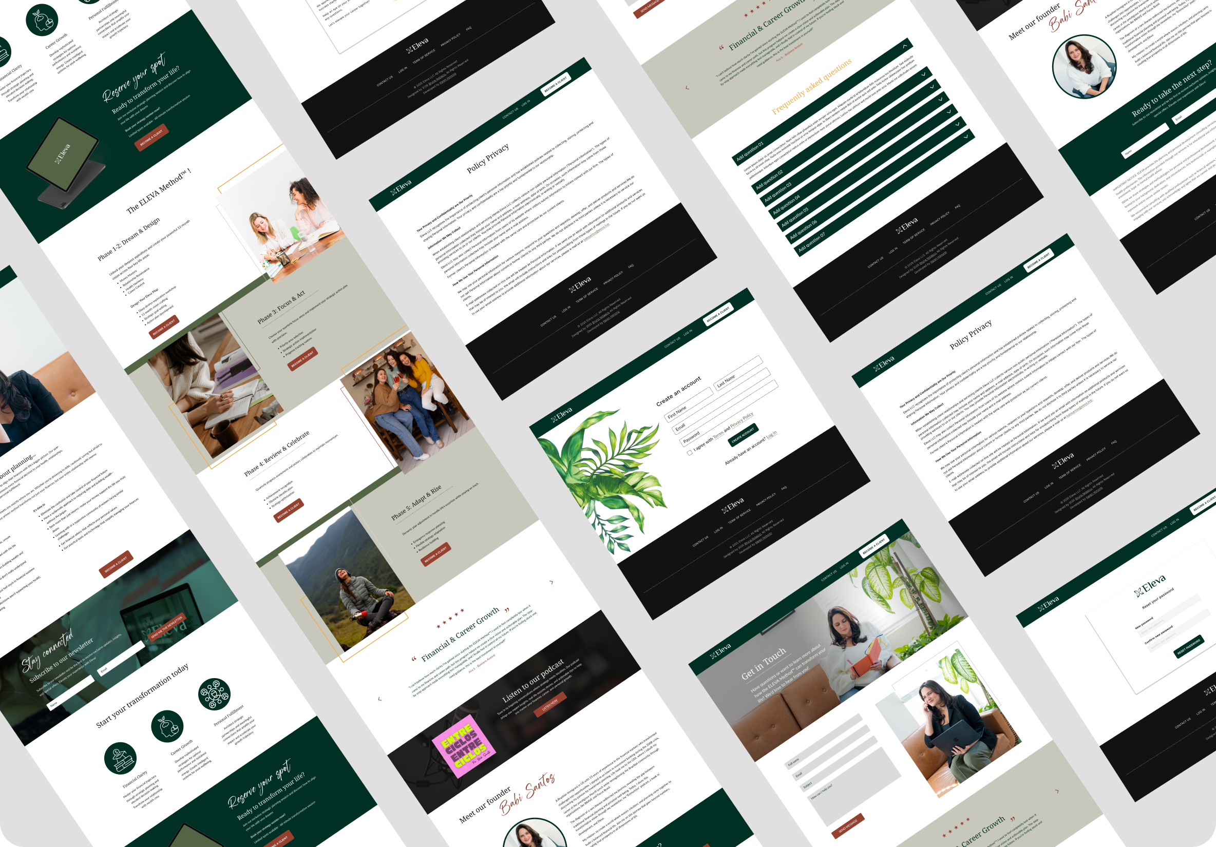 A collage of multiple website screenshots with various layouts, images of women, and text related to personal growth, career, and privacy policies.