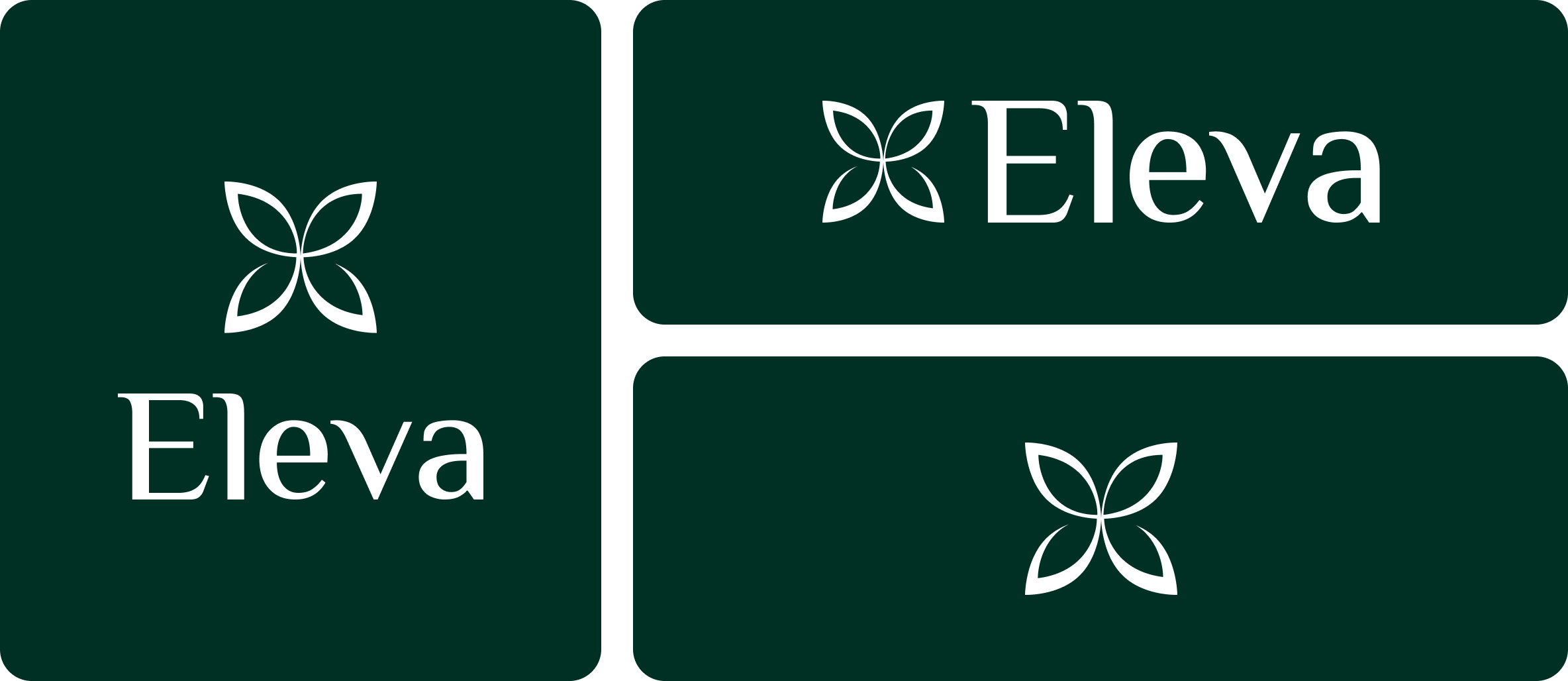 Logo with the word 'Eleva' written twice, accompanied by a butterfly-like symbol on both sides and above the text, on a dark green background.