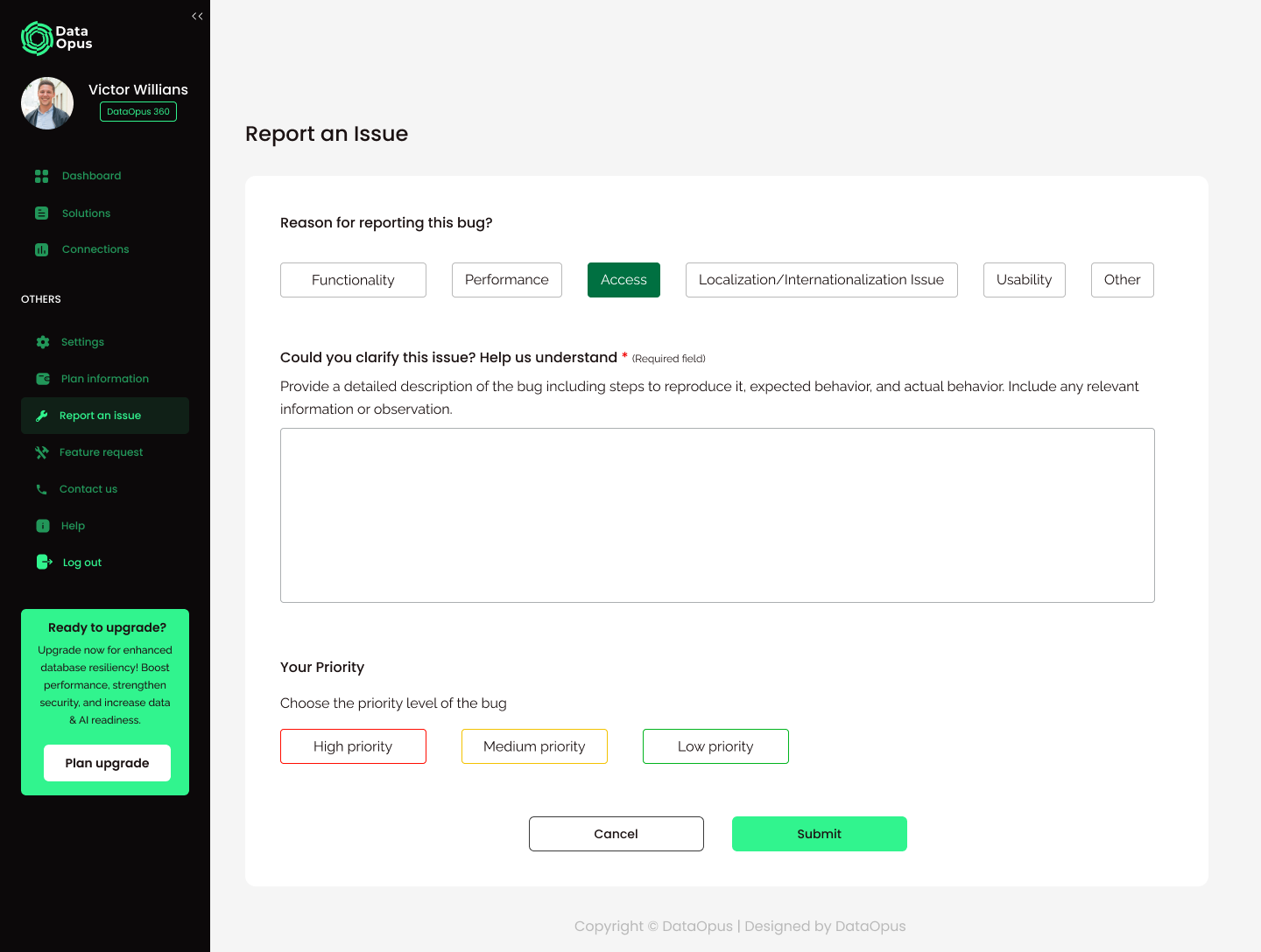 Screenshot of a Data Opus software interface for reporting an issue, showing a user profile, a sidebar with menu options, and a form to specify details about a bug report.