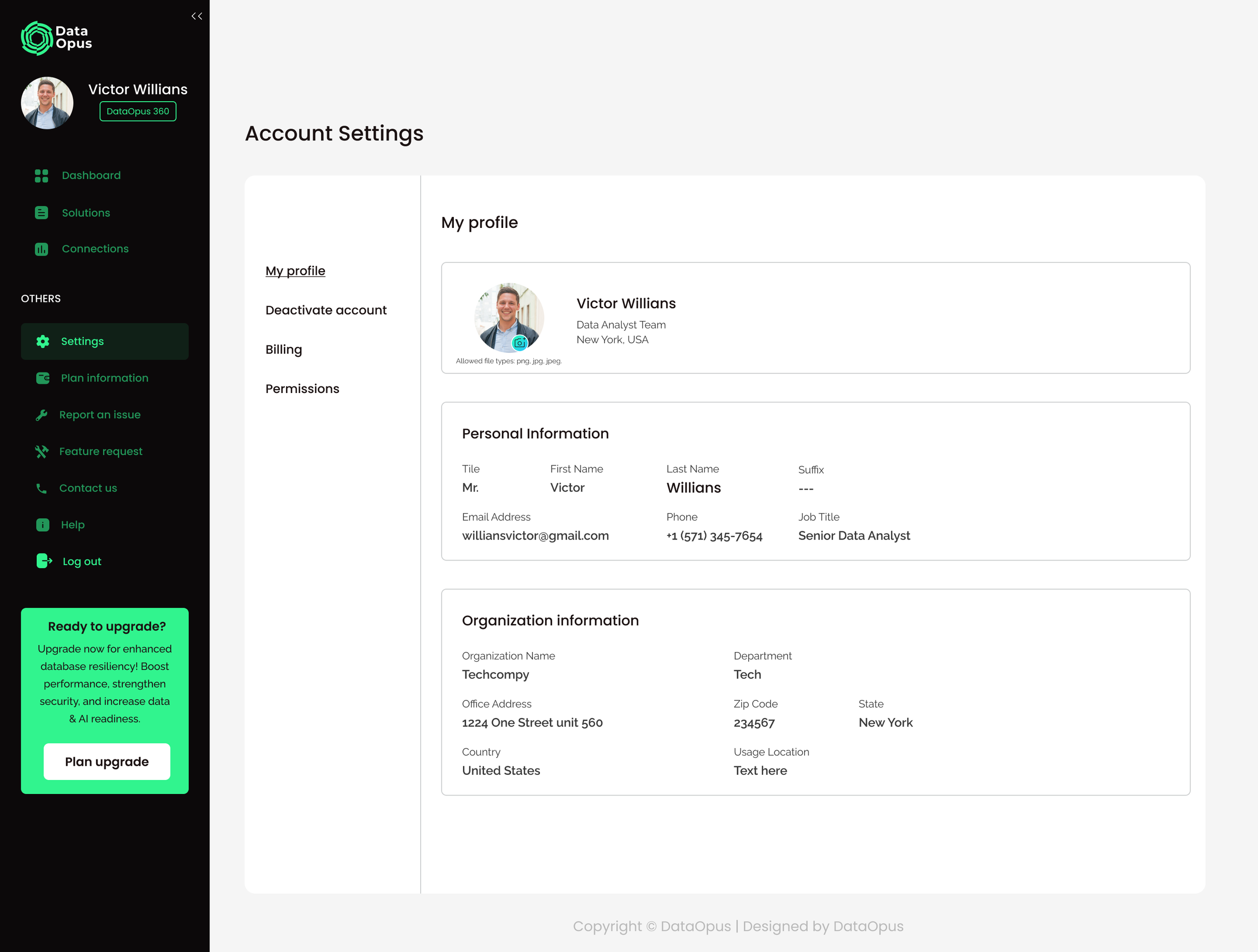 Screenshot of a computer screen displaying a Dataopus account settings page with a profile photo, personal information, and organization details. The left sidebar menu includes options like Dashboard, Solutions, Connections, Settings, and more.