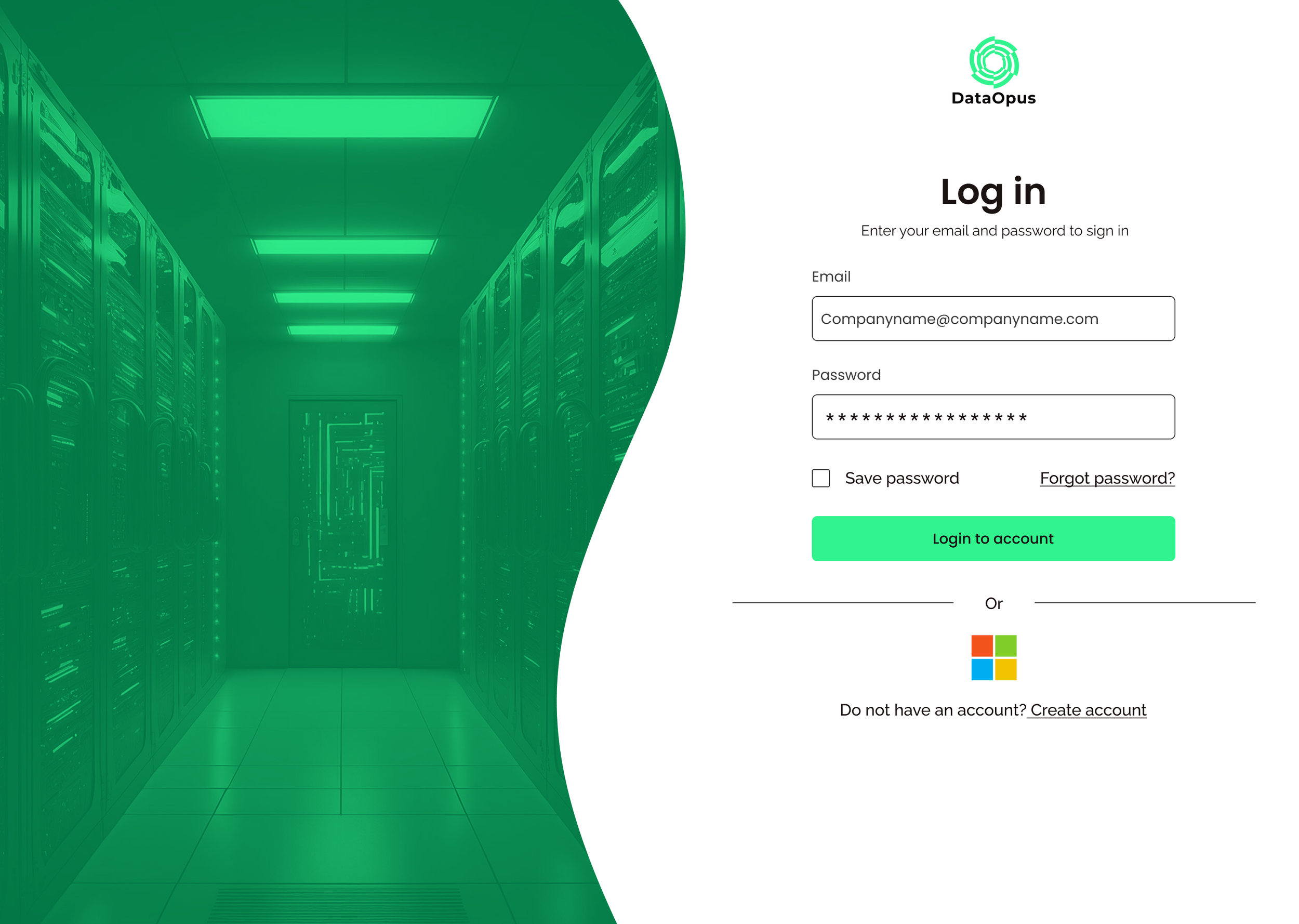 Split view of a data center server room on the left and a login screen on the right. The server room has rows of computer servers with green overlay, and the login screen has fields for email and password, with a DataOpus logo at the top.