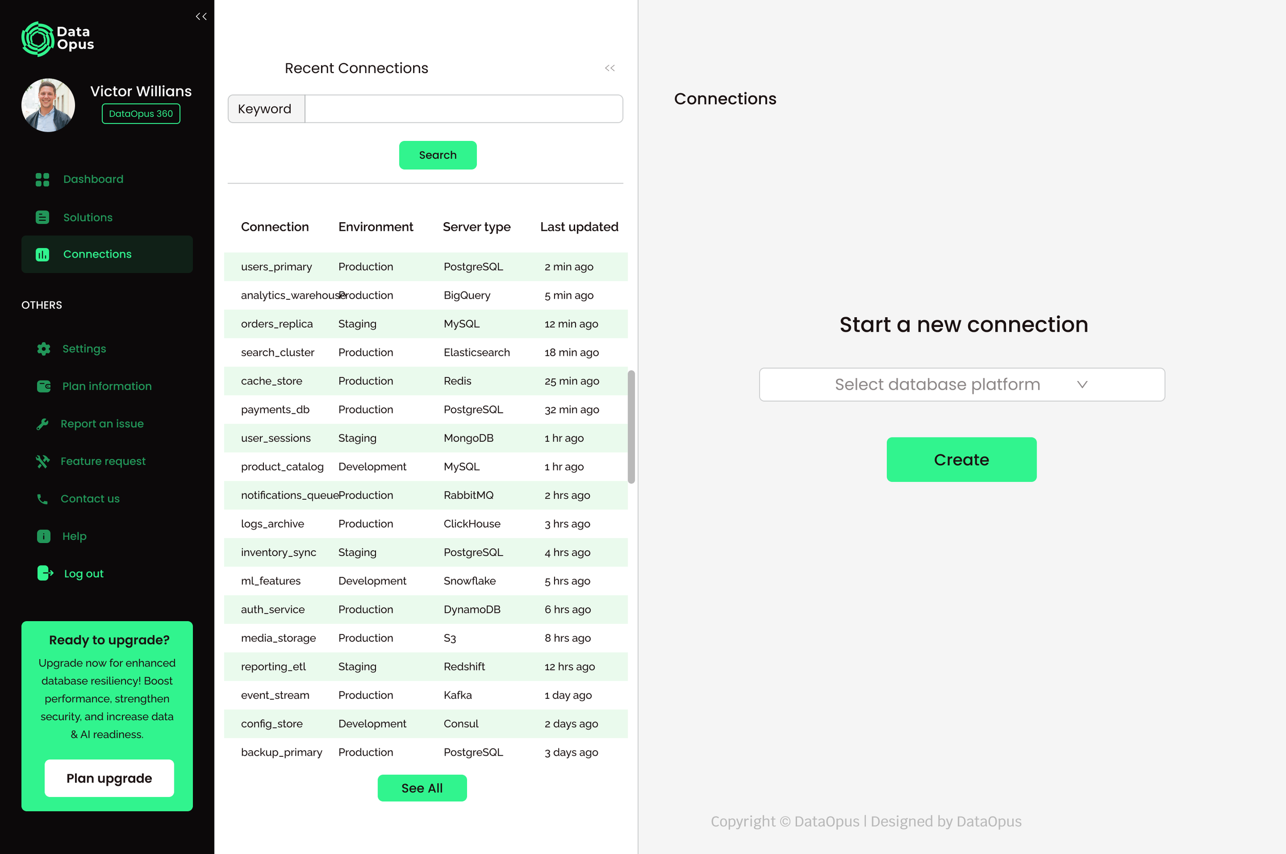 Screenshot of a data management interface showing recent connections, filter options, and a sidebar menu including options like Dashboard, Solutions, Connections, and Settings. The interface displays various database connection details such as enviro