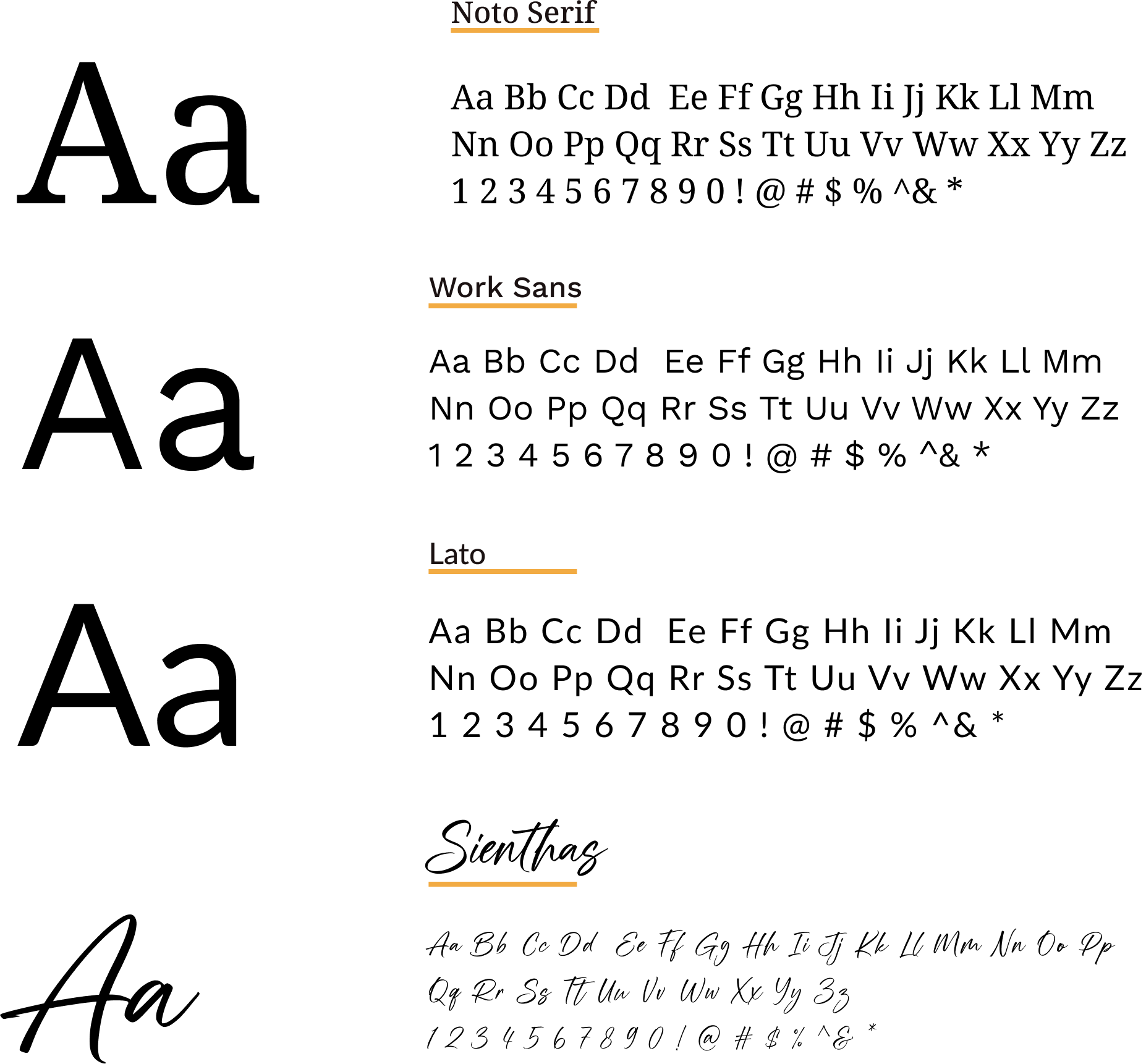 A black background with orange and white text showing different font names: Noto Serif, Work Sans, and Lato, each with an underline.