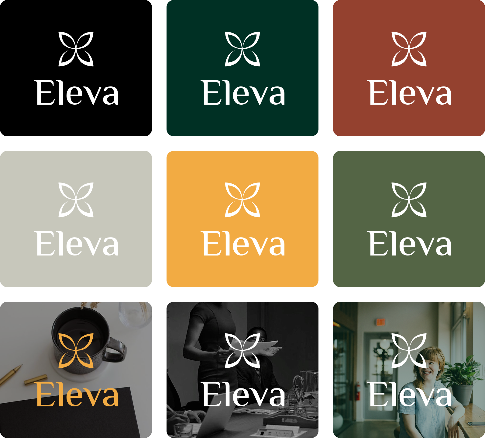 Colorful grid with the word 'Eleva' and a butterfly logo on each tile, featuring various background colors including black, green, red, gray, yellow, and dark green.