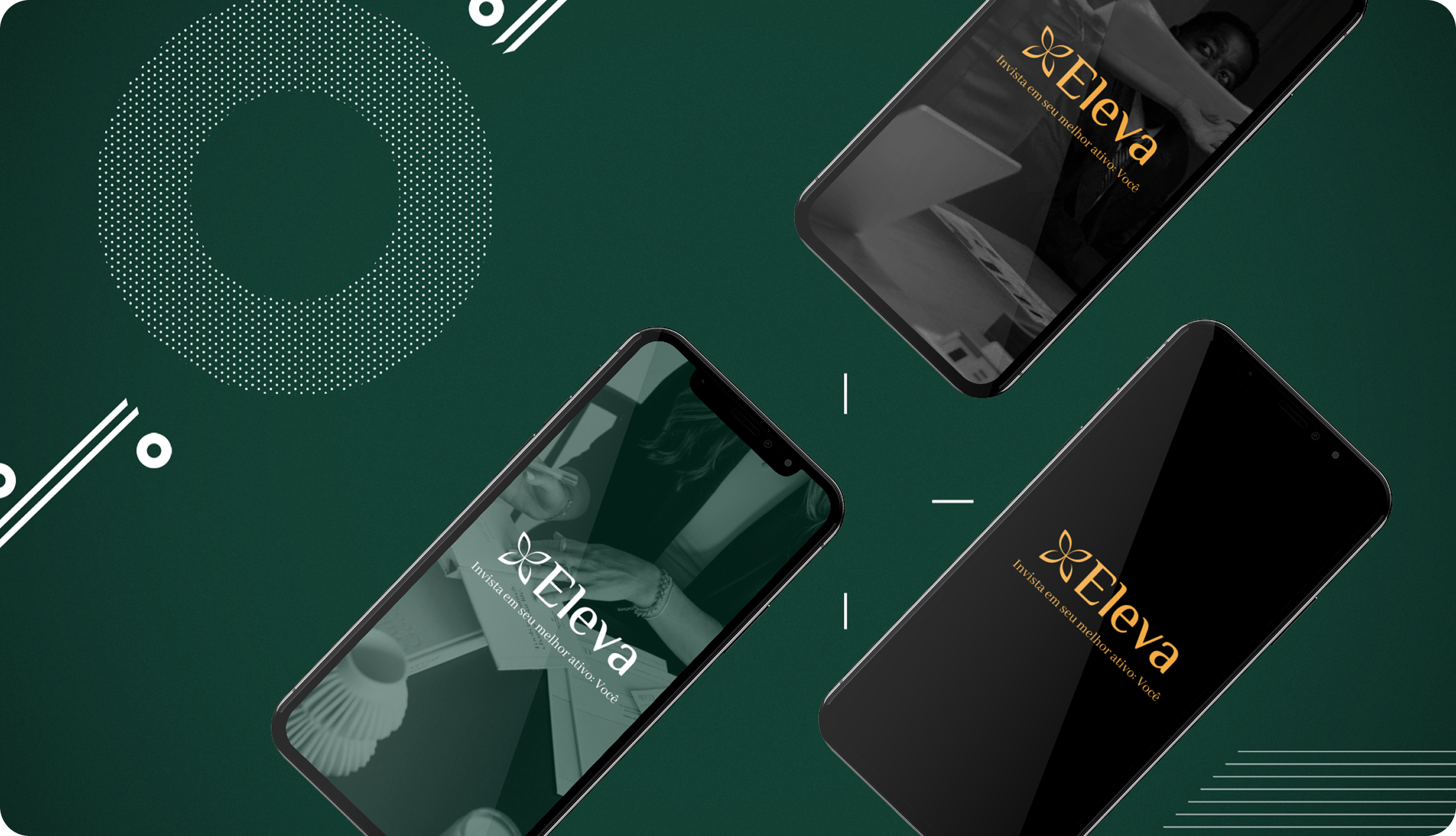 Multiple smartphones displaying a wellness app called "Feleleva" with a logo of a flower and the tagline "Invista em seu melhor ativo: Você" on a green background with decorative white and black graphic elements.