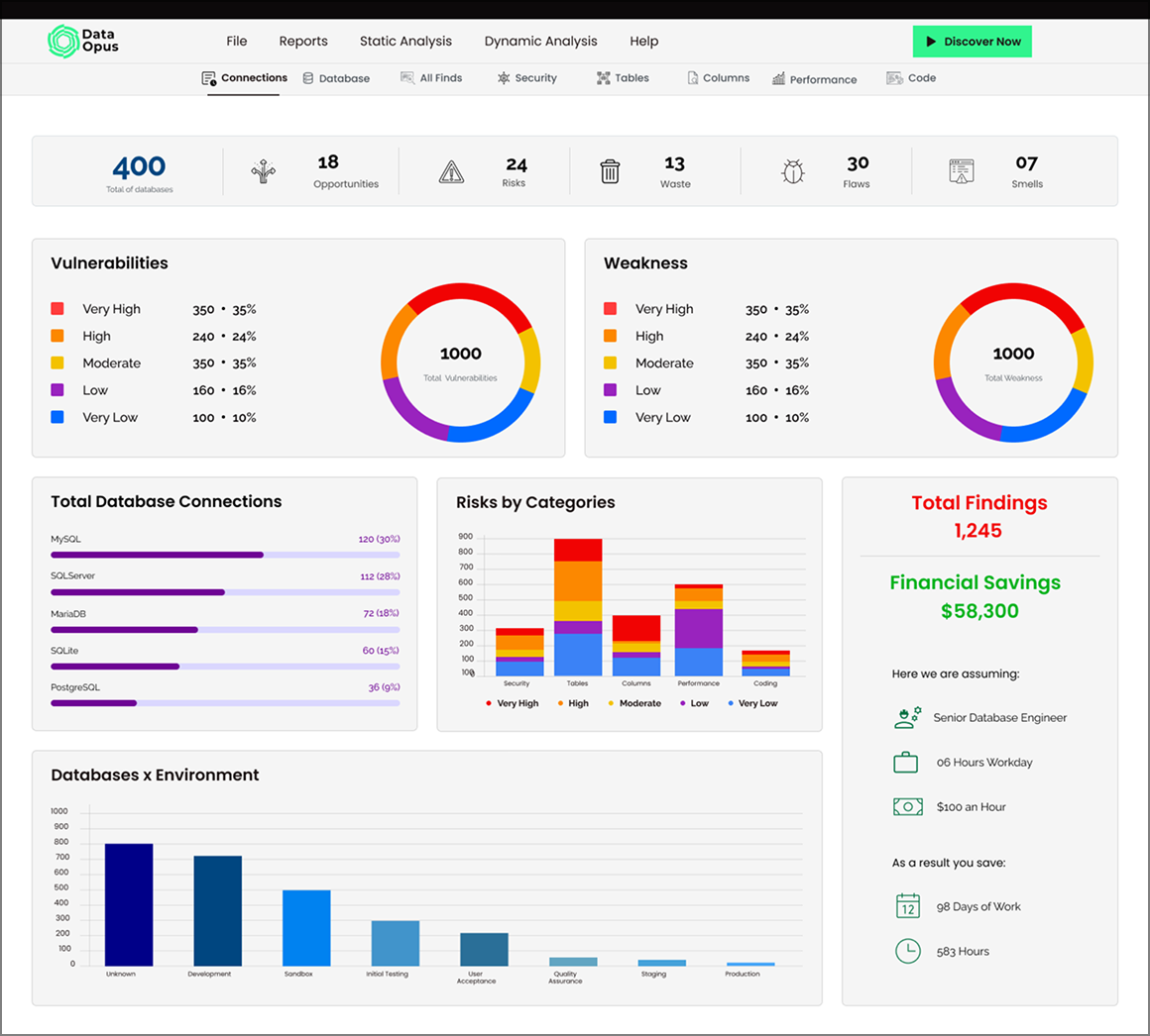 Dashboard interface of Data Opus showing database connection statistics, vulnerabilities, weaknesses, risks by categories, total findings and financial savings, with bar and pie charts, and info about environment and work hours.